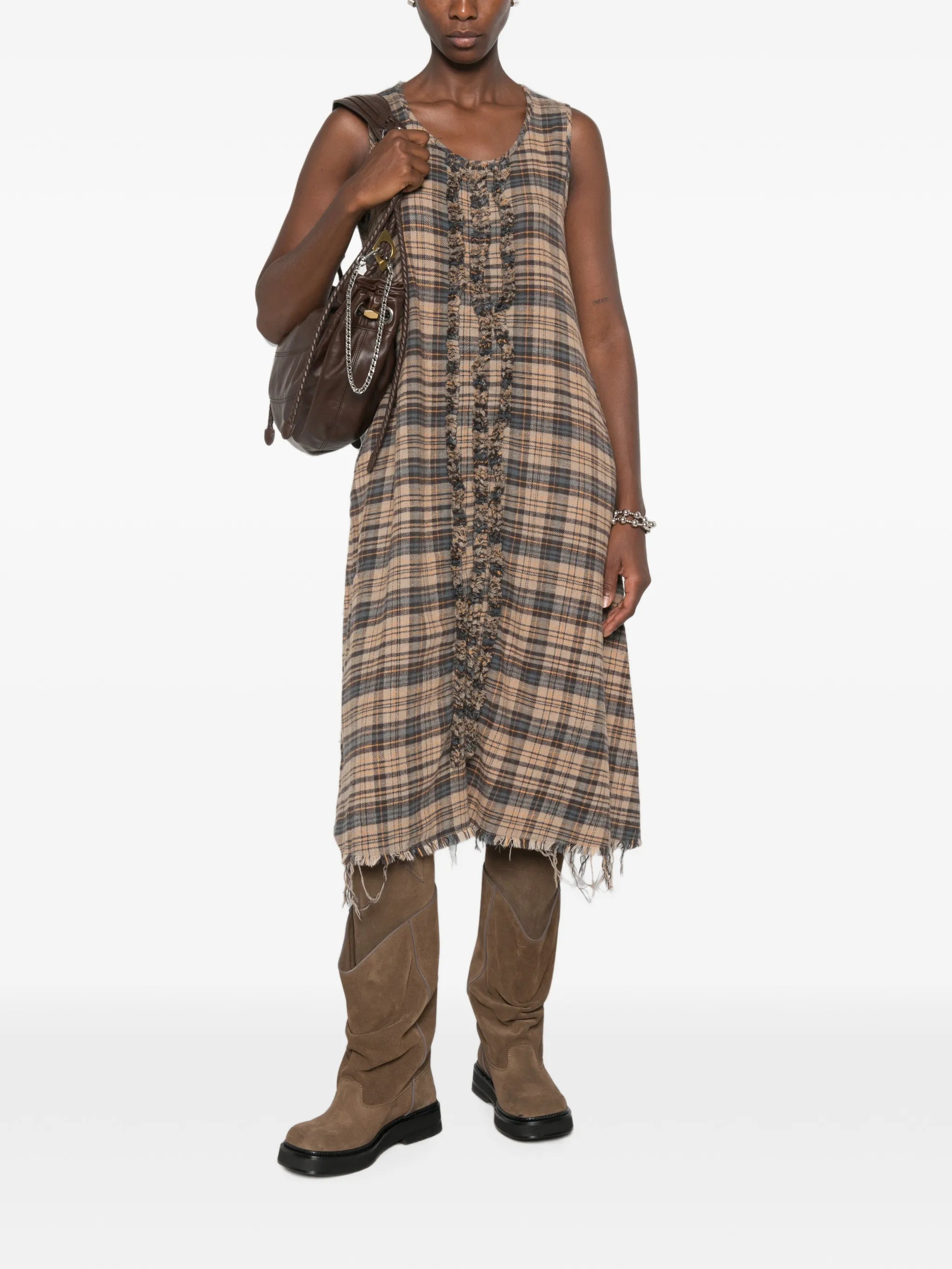 ruffled checked midi dress