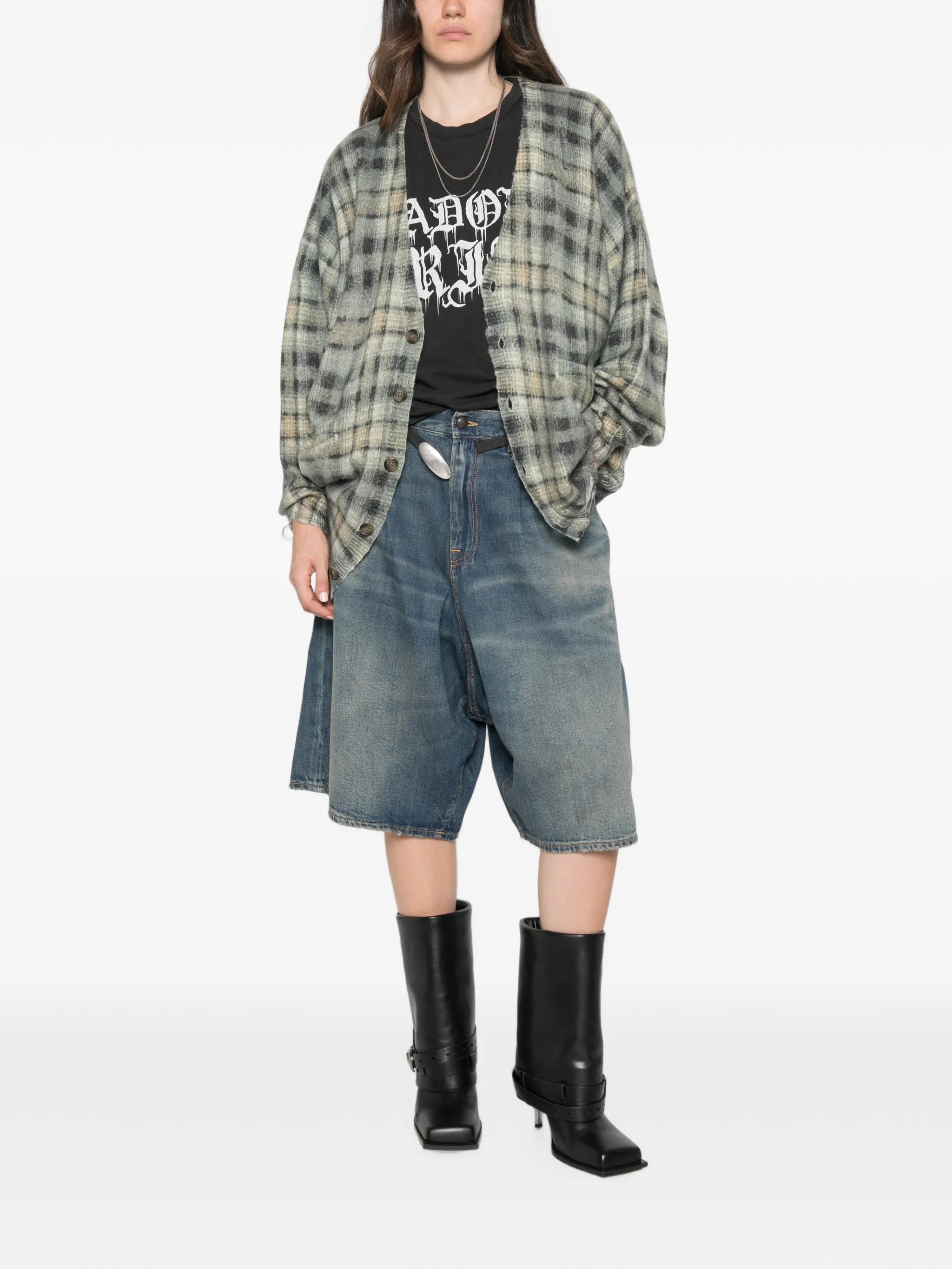 printed oversized cardigan grey black plaid