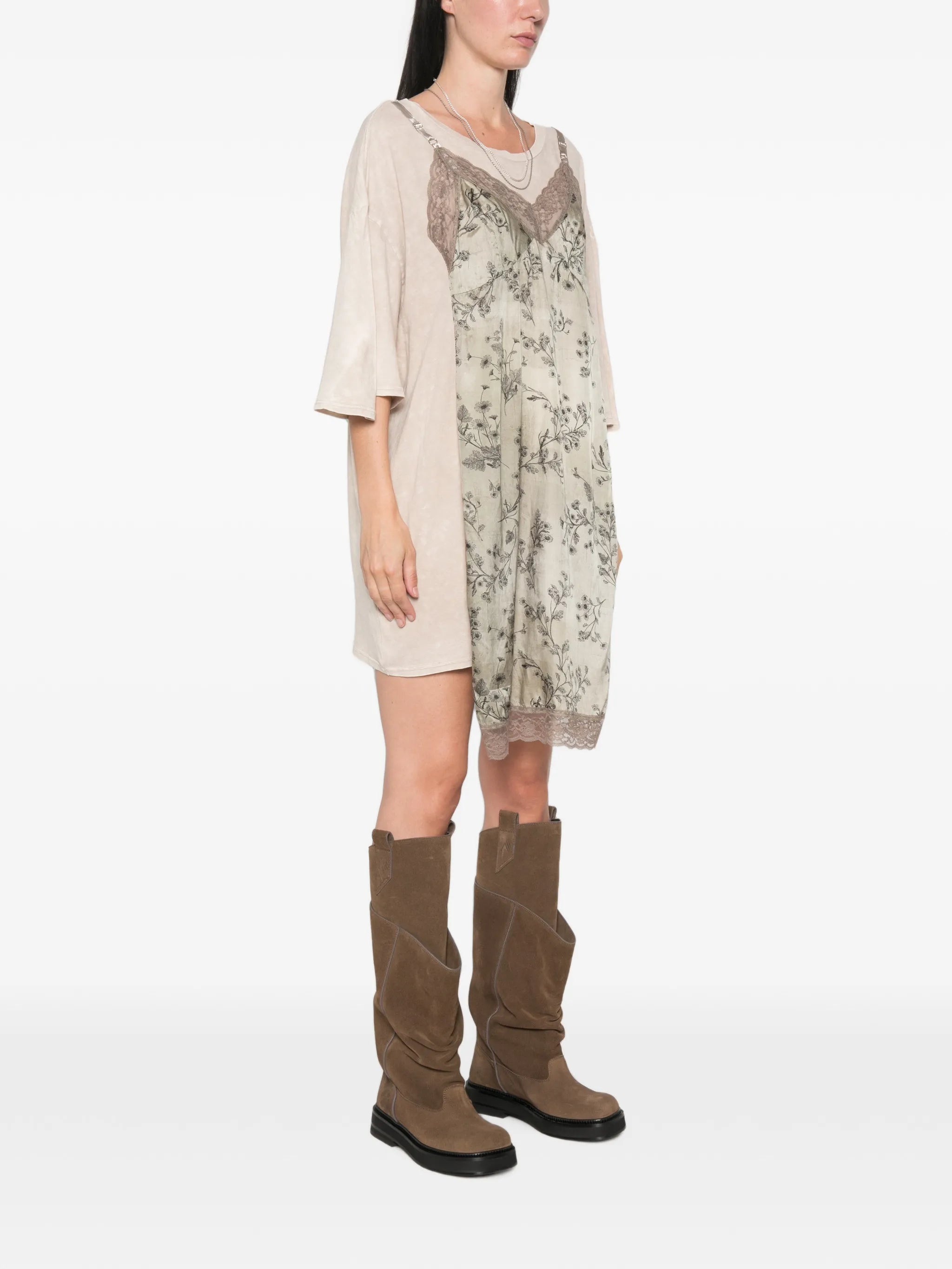 floral-print lace-trim mini dress