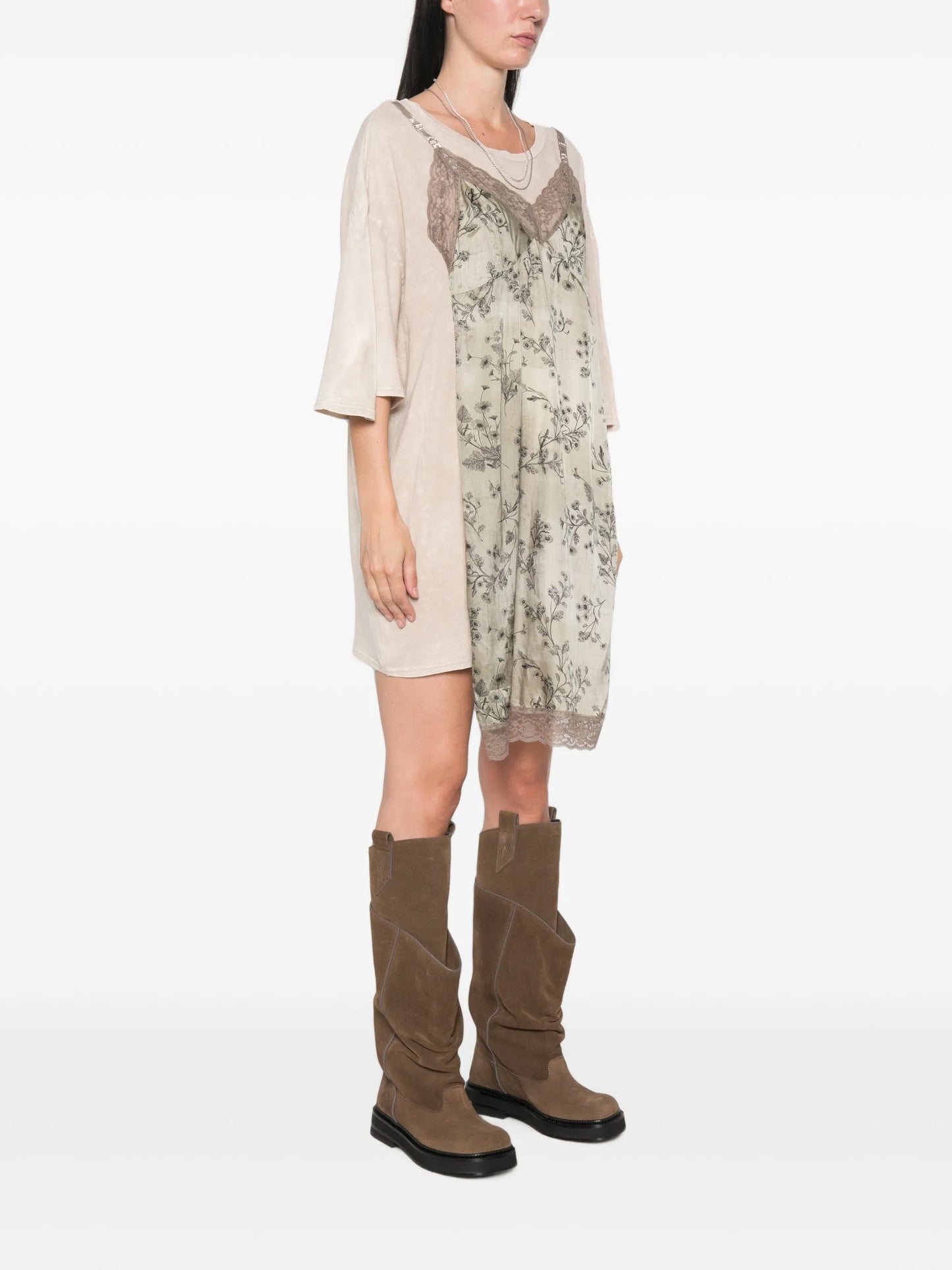 floral-print lace-trim mini dress