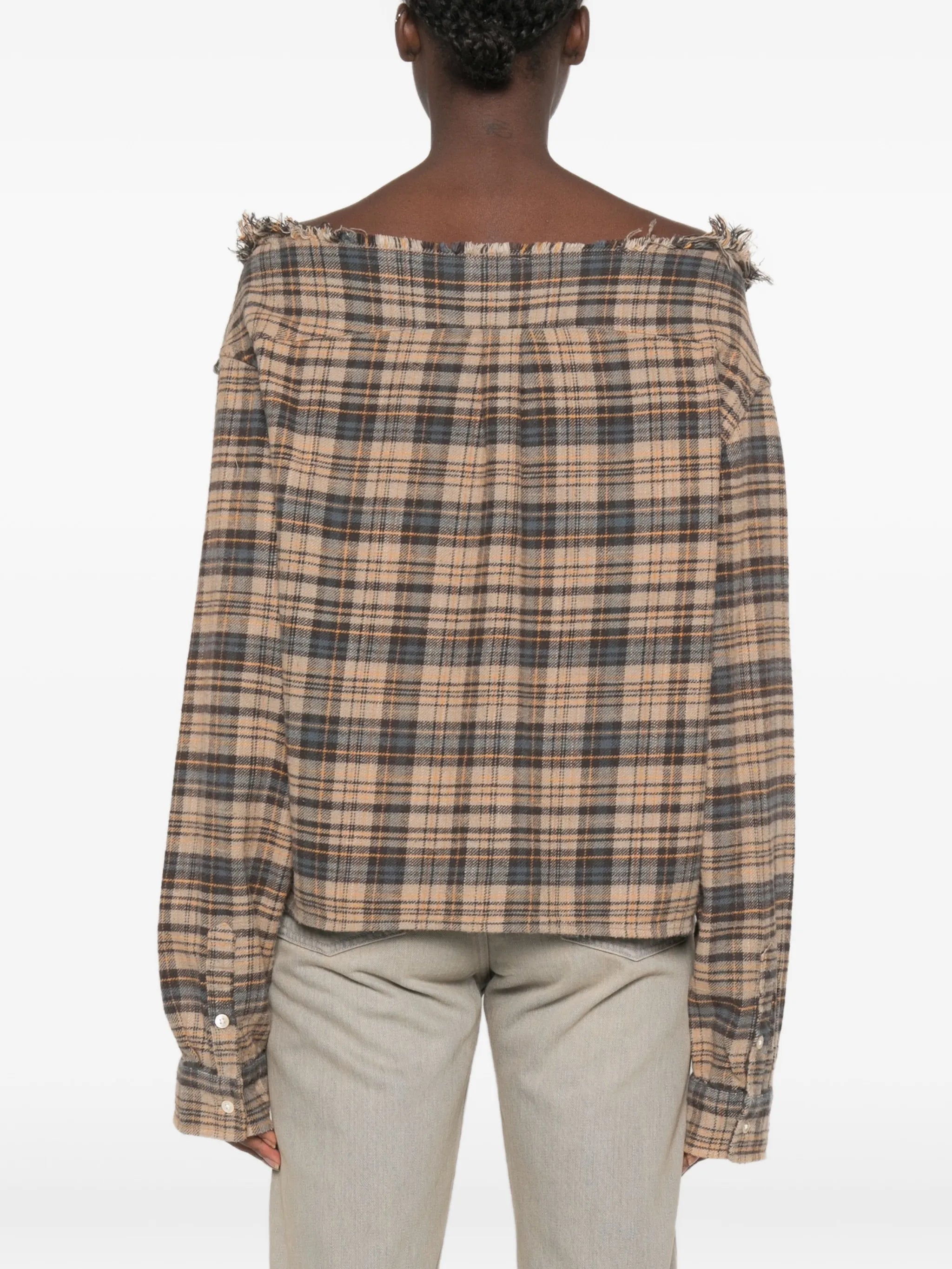 plaid off-the-shoulder shirt