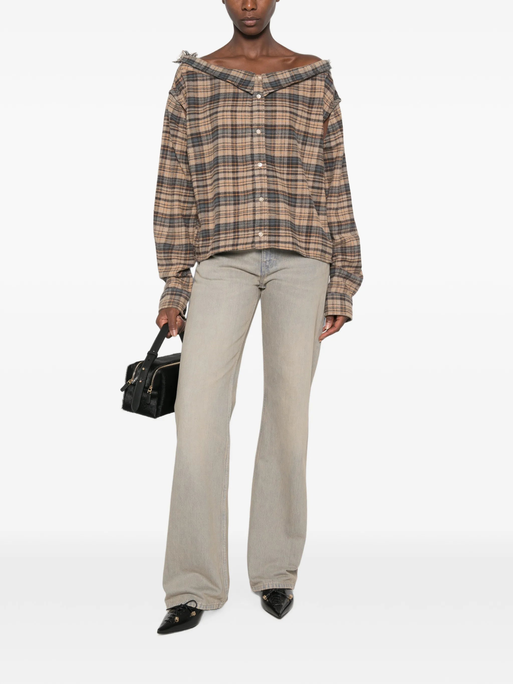 plaid off-the-shoulder shirt