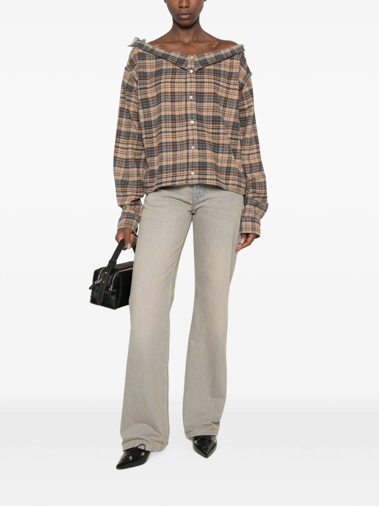 plaid off-the-shoulder shirt
