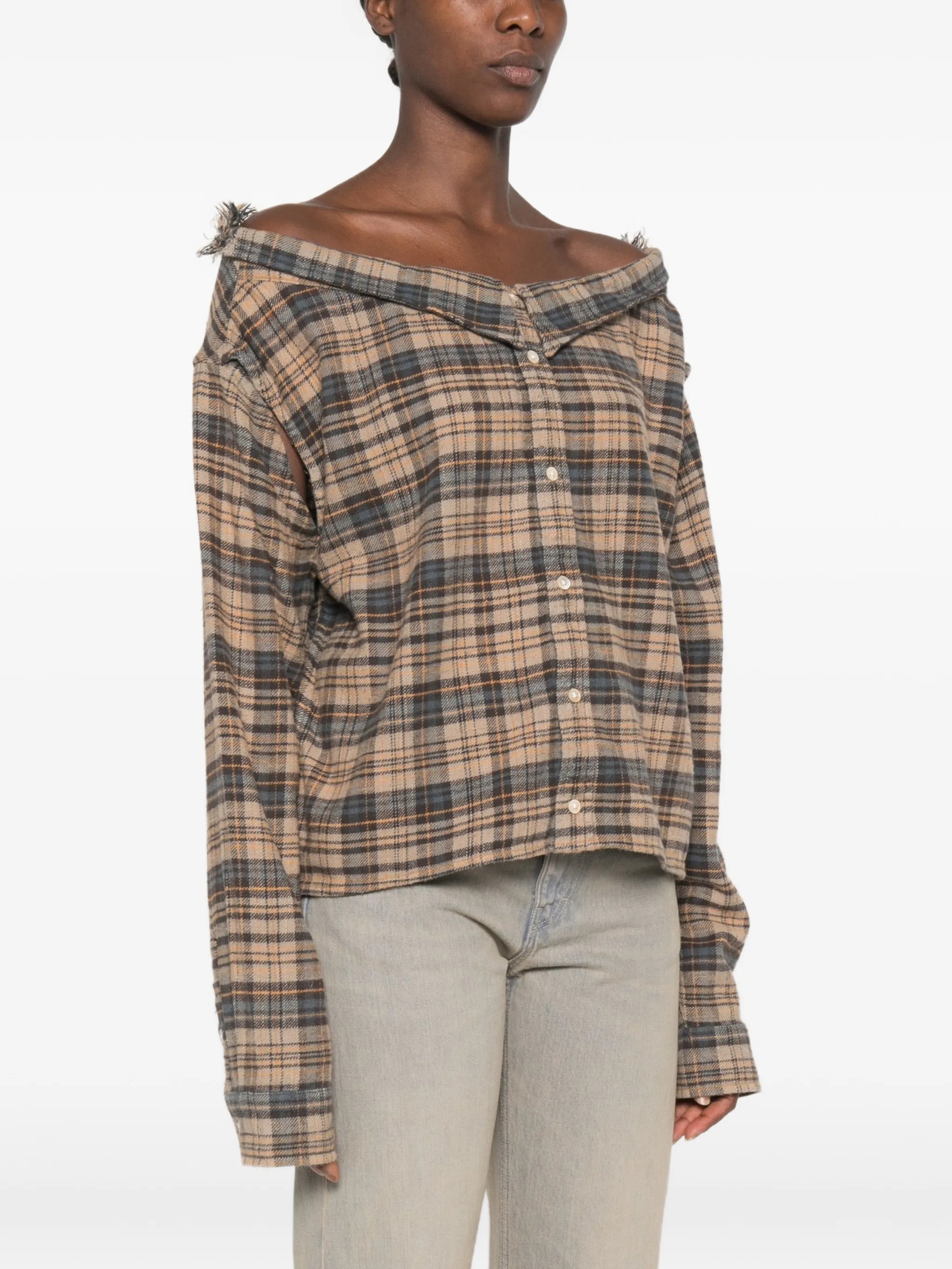 plaid off-the-shoulder shirt