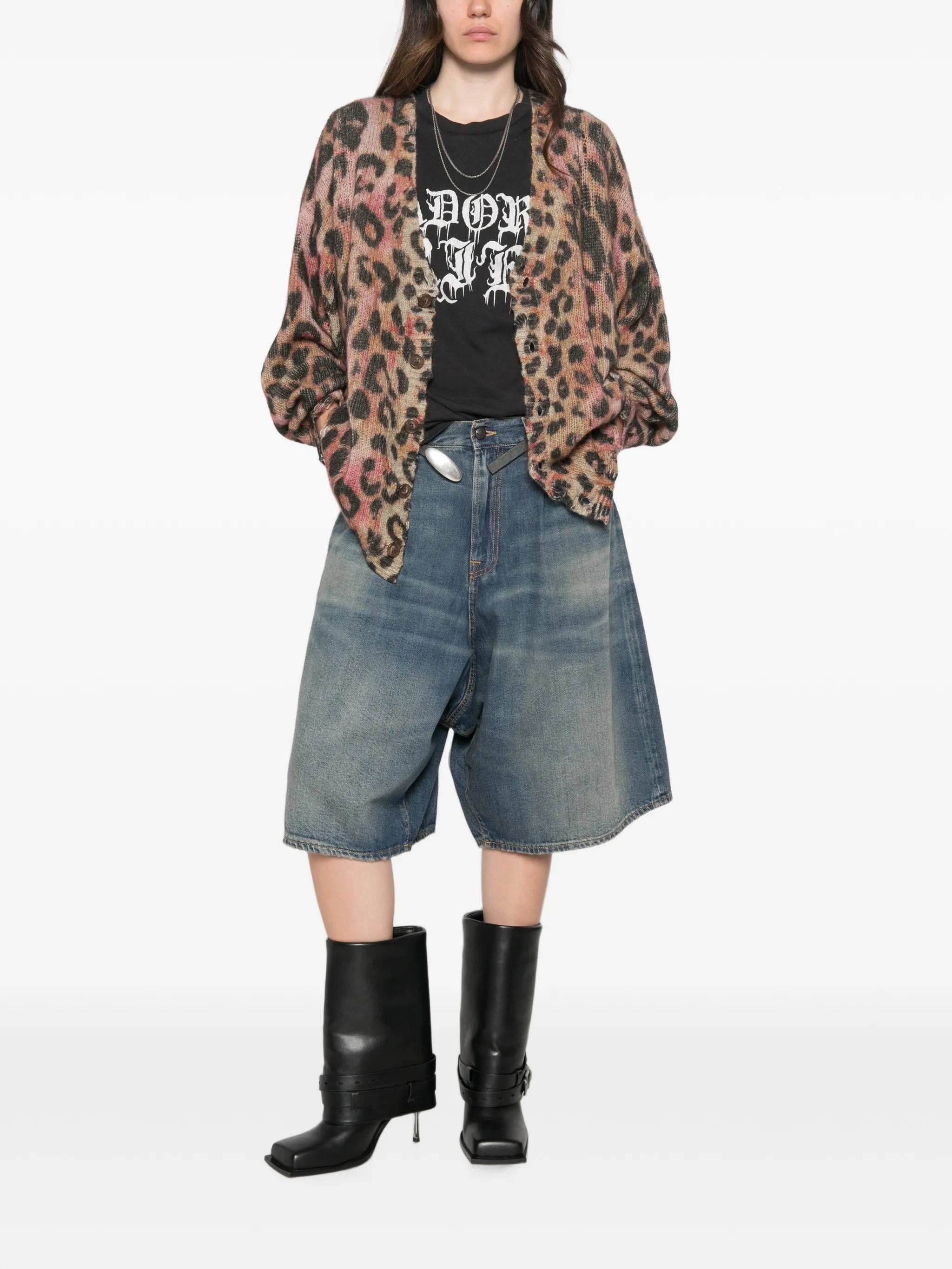 leopard-print distressed cardigan