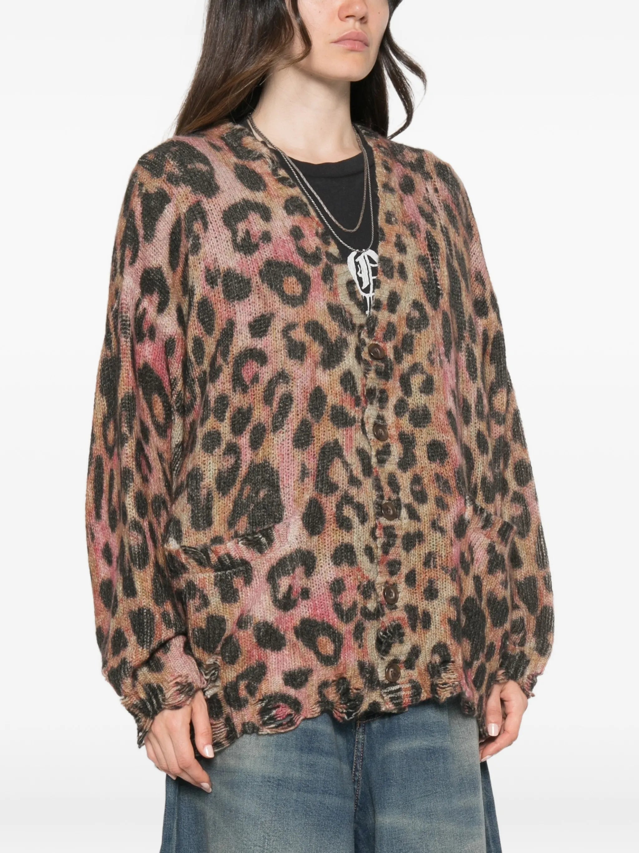leopard-print distressed cardigan