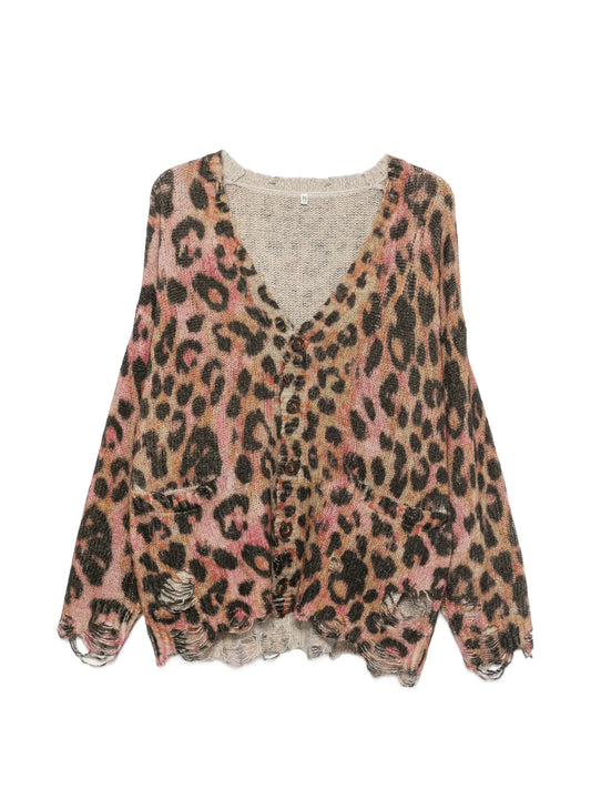 leopard-print distressed cardigan