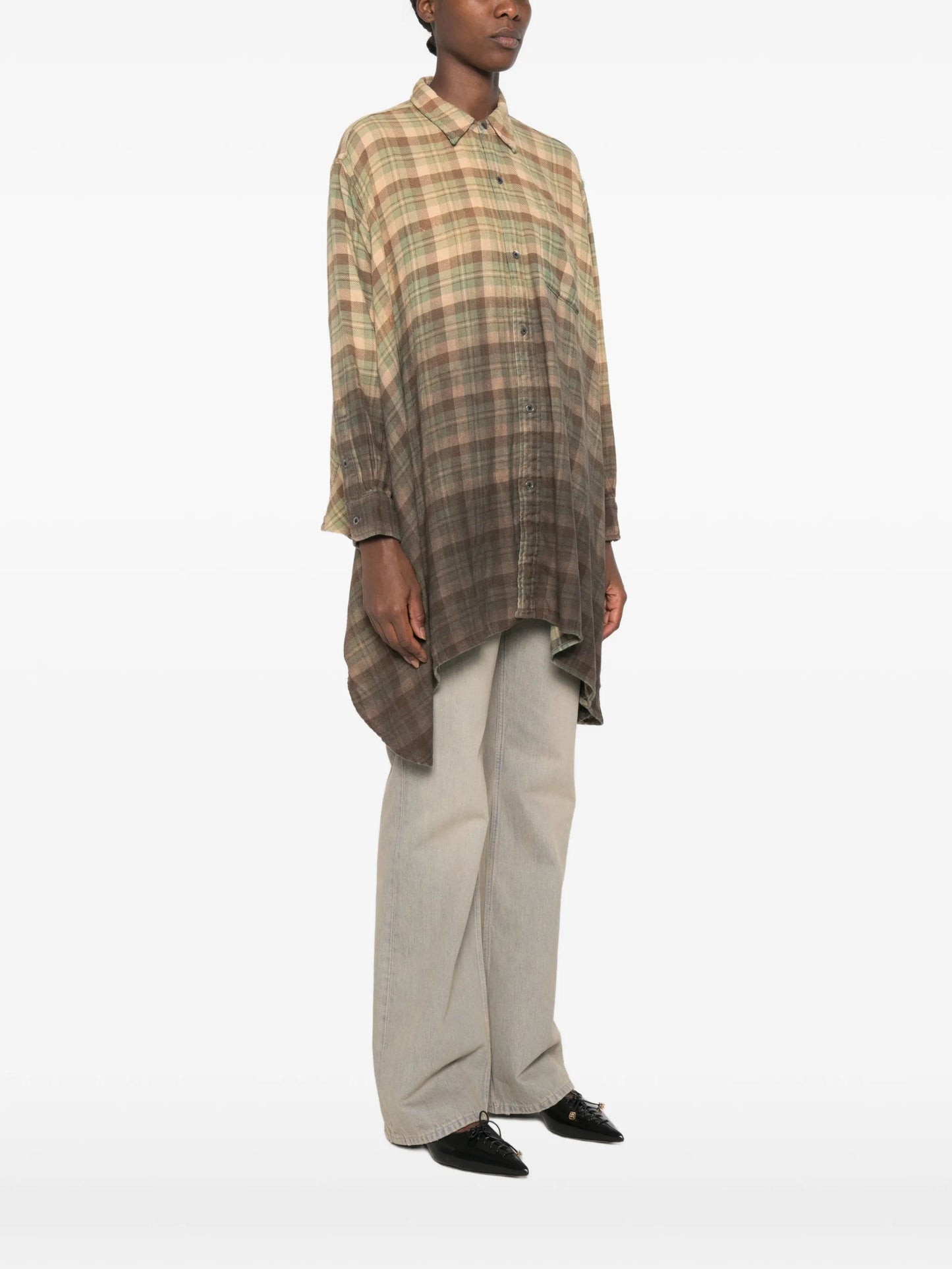 plaid-patterned draped shirt