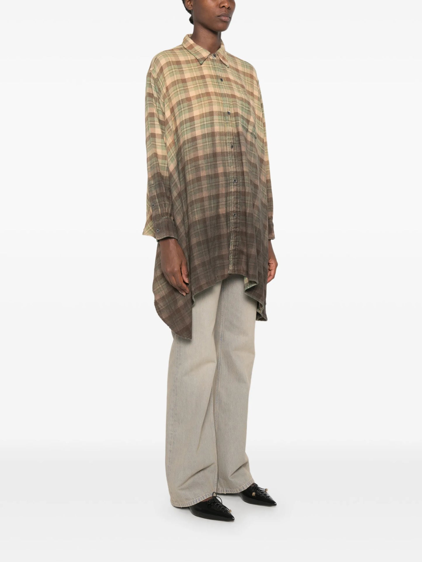 plaid-patterned draped shirt