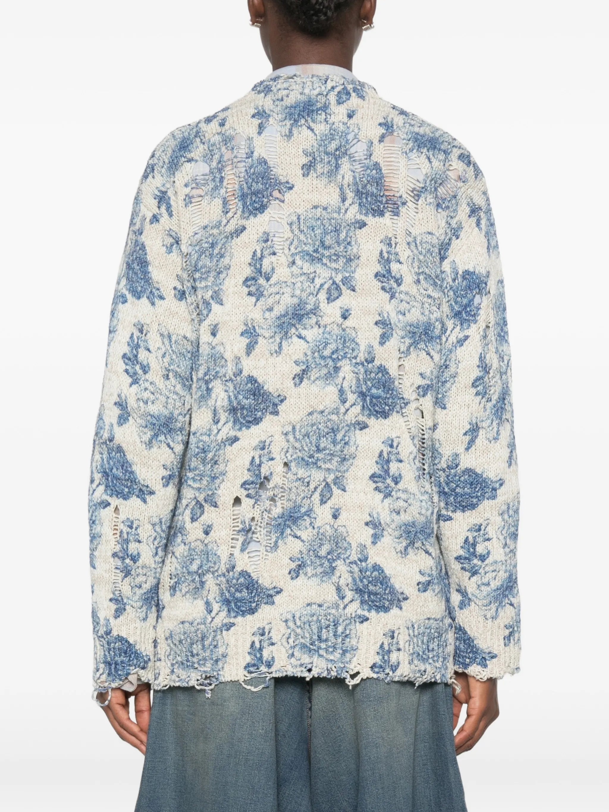 floral-print distressed cardigan