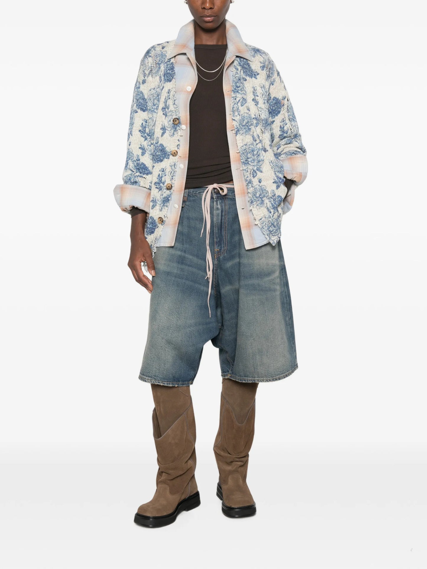 floral-print distressed cardigan