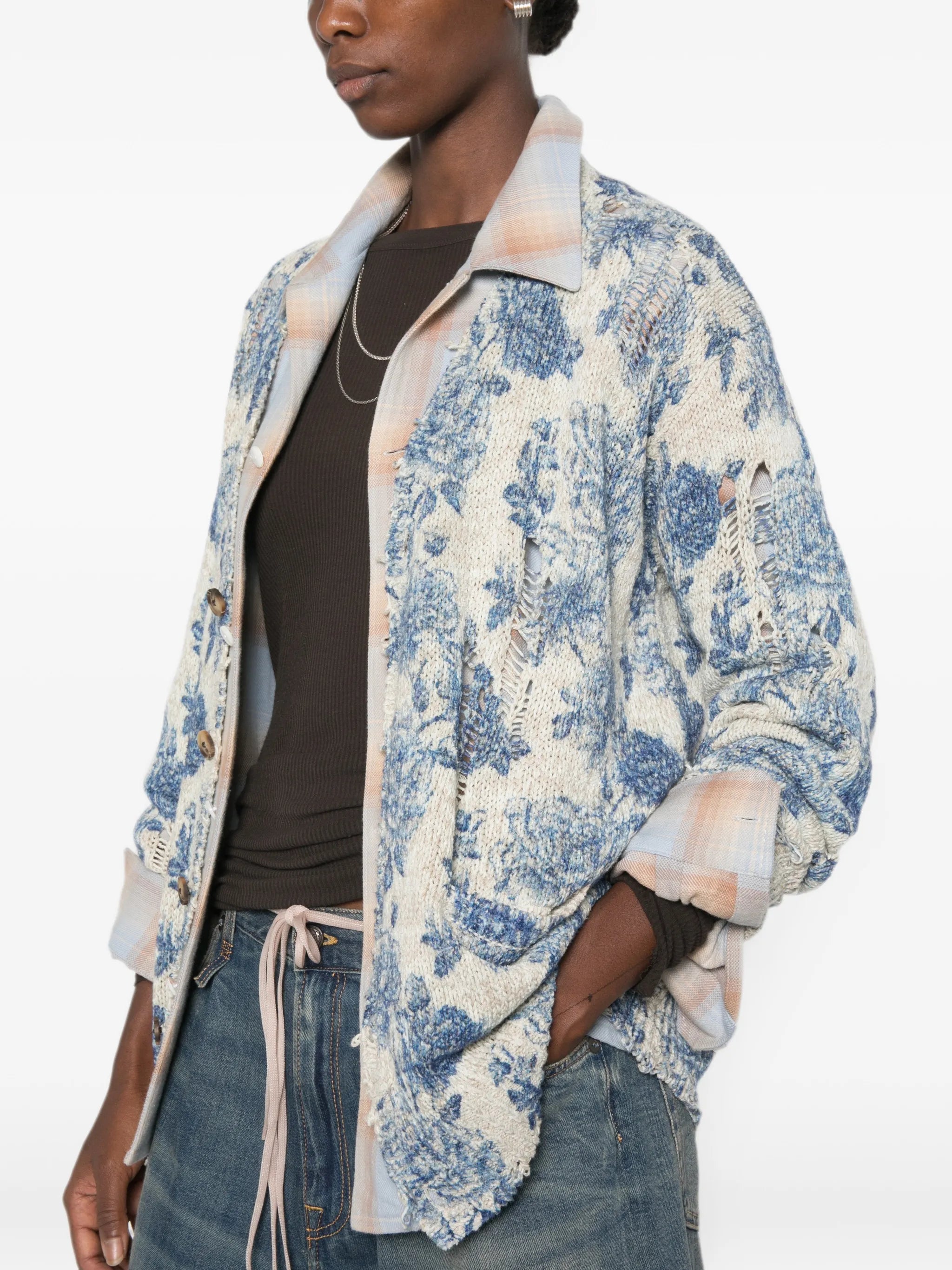 floral-print distressed cardigan