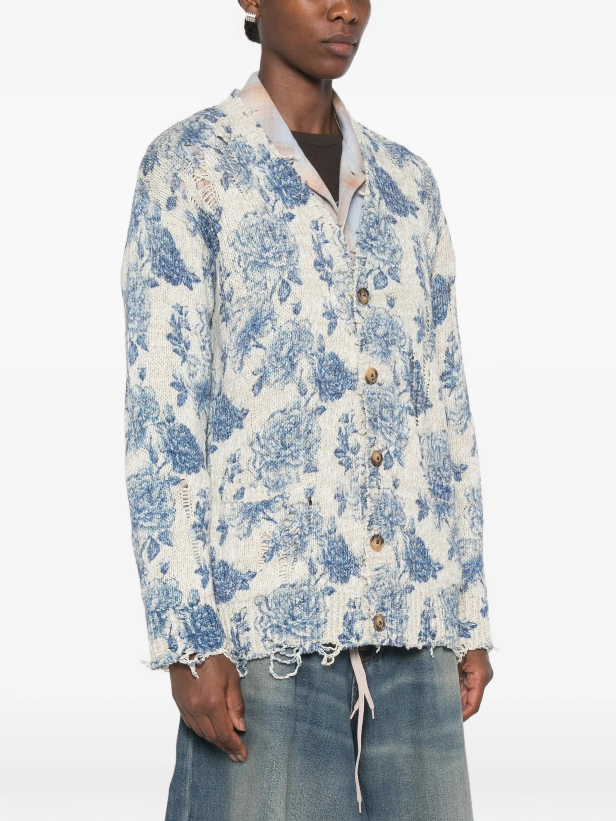 floral-print distressed cardigan