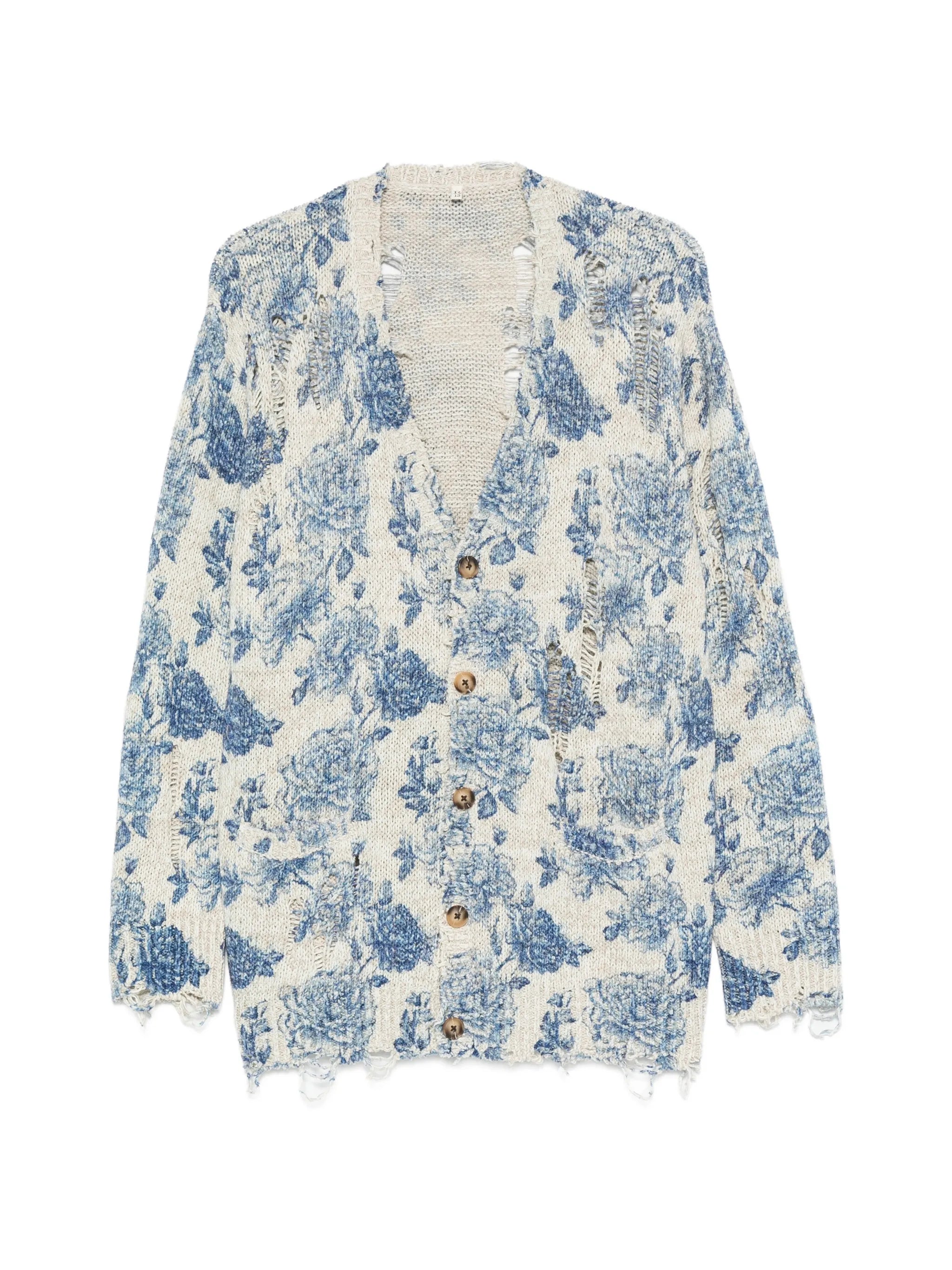 floral-print distressed cardigan