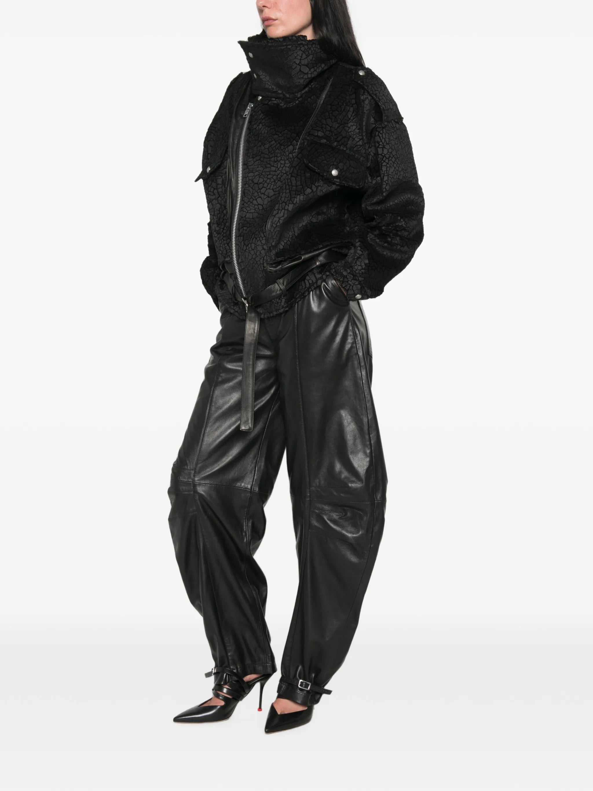 crackled-effect belted jacket