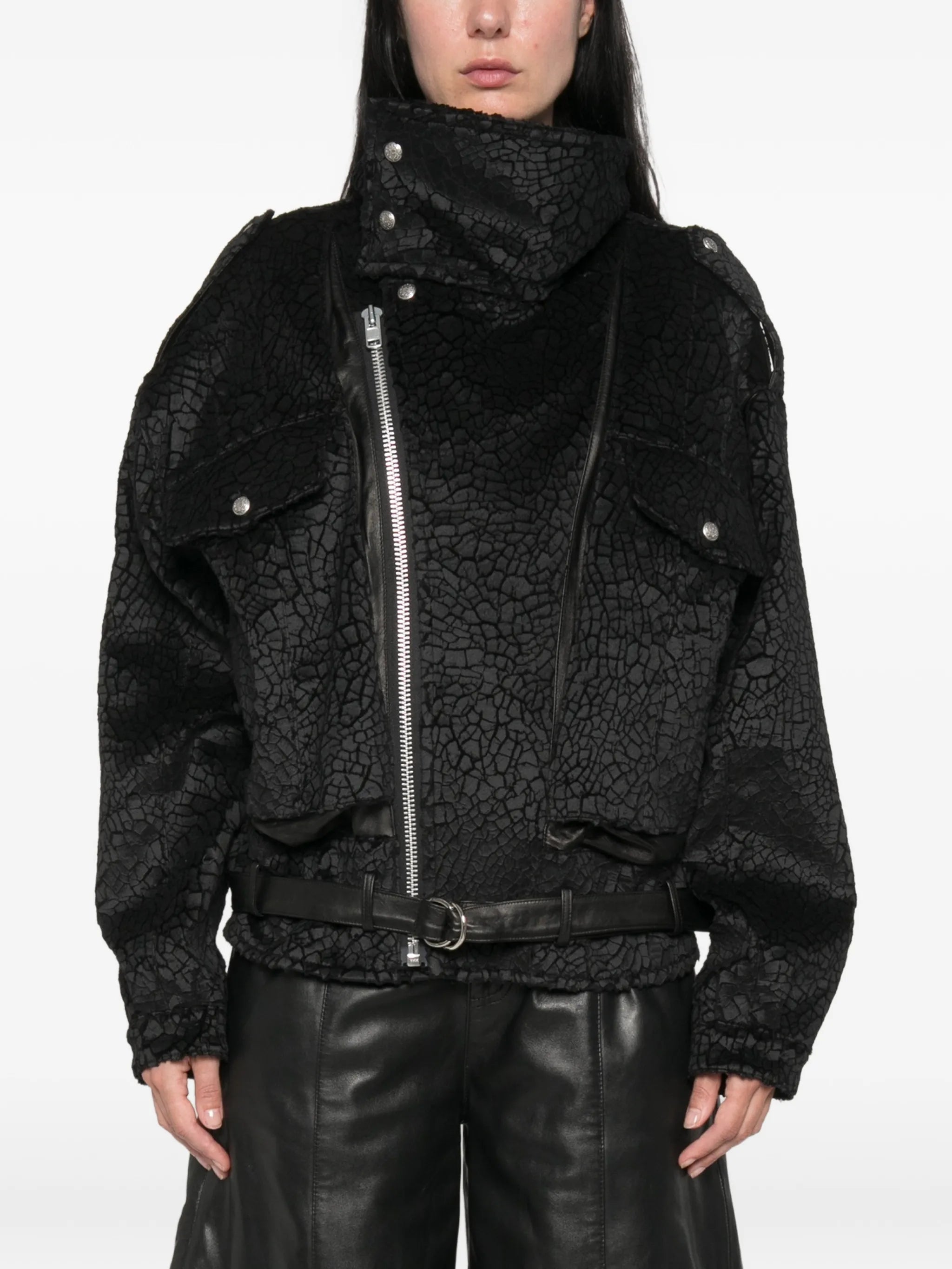 crackled-effect belted jacket