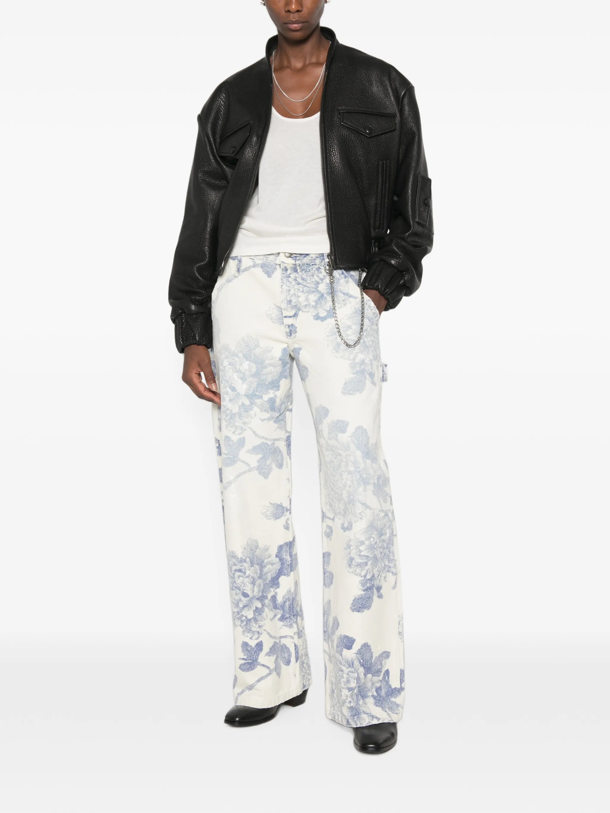 belt-loop floral-print jeans