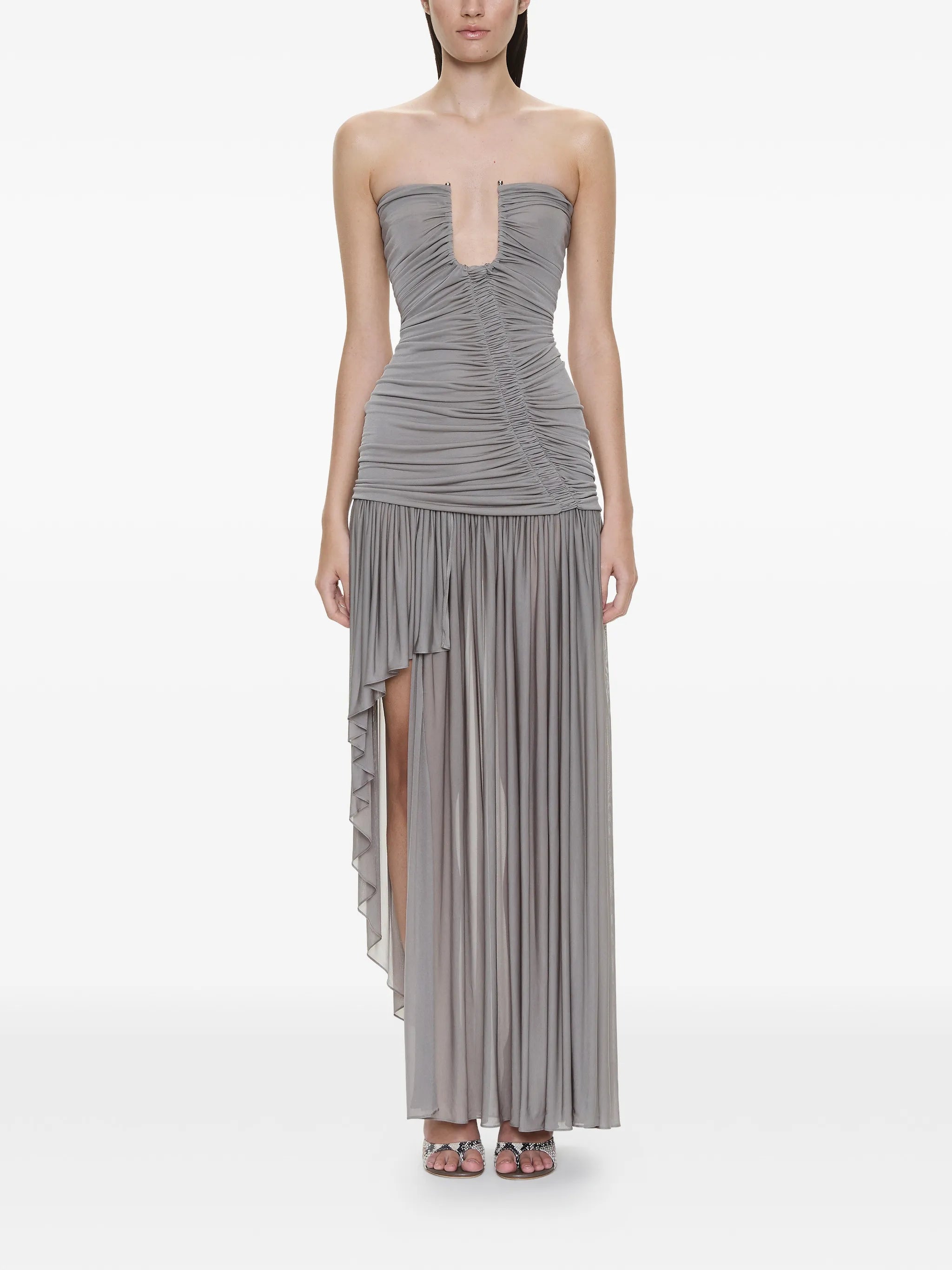 Arced Orion ruched strapless asymmetric dress