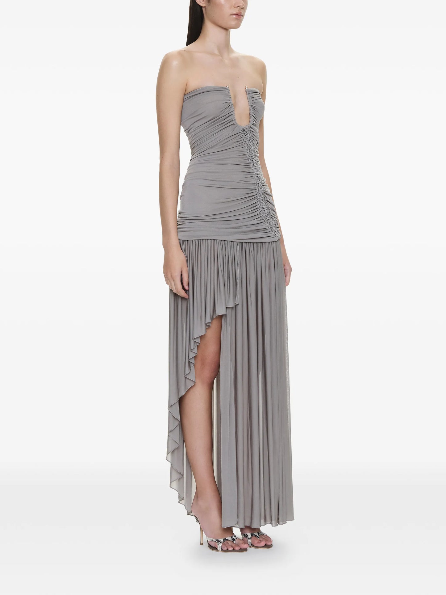 Arced Orion ruched strapless asymmetric dress