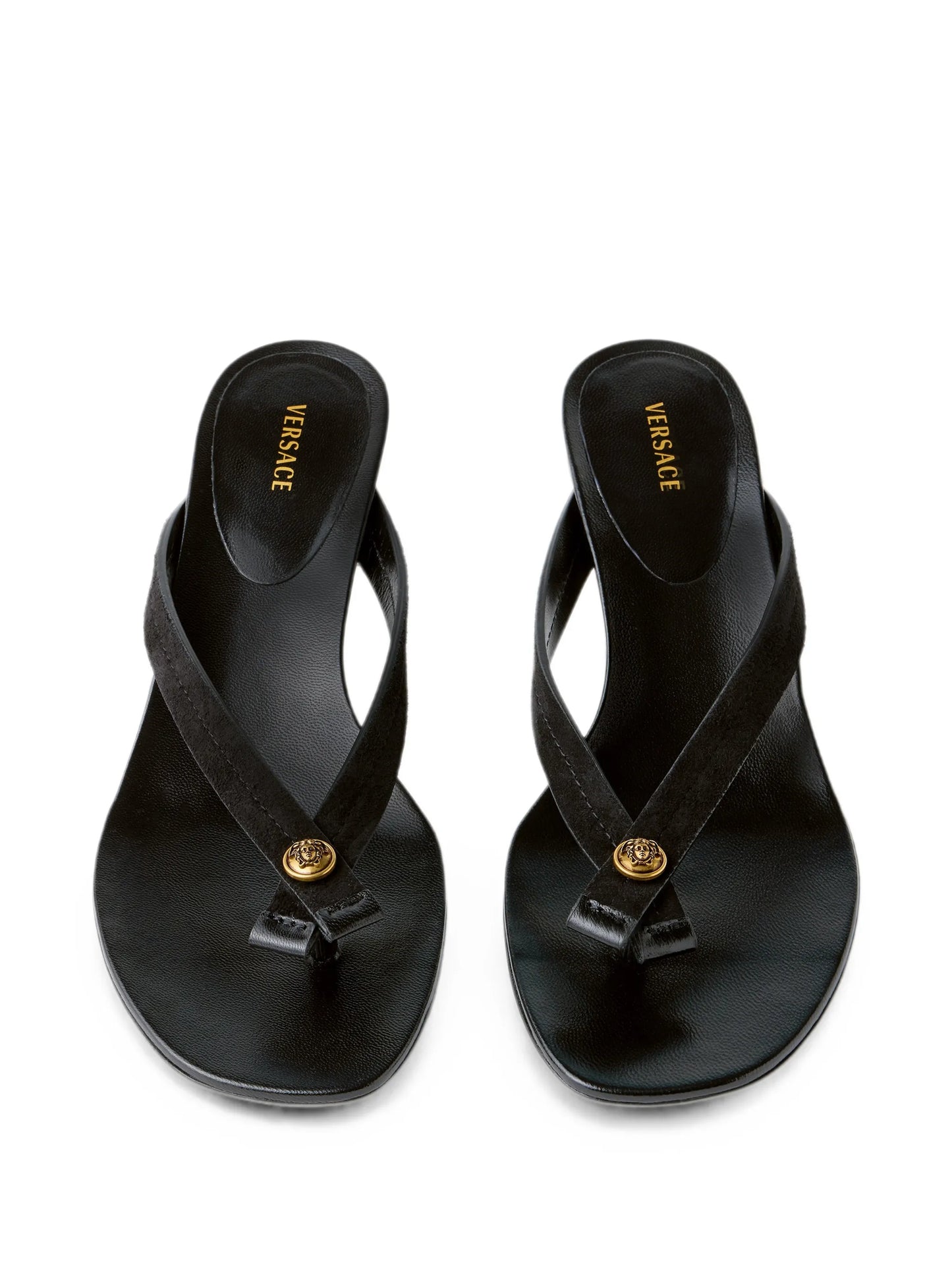 Medusa-plaque kitten-heel mules