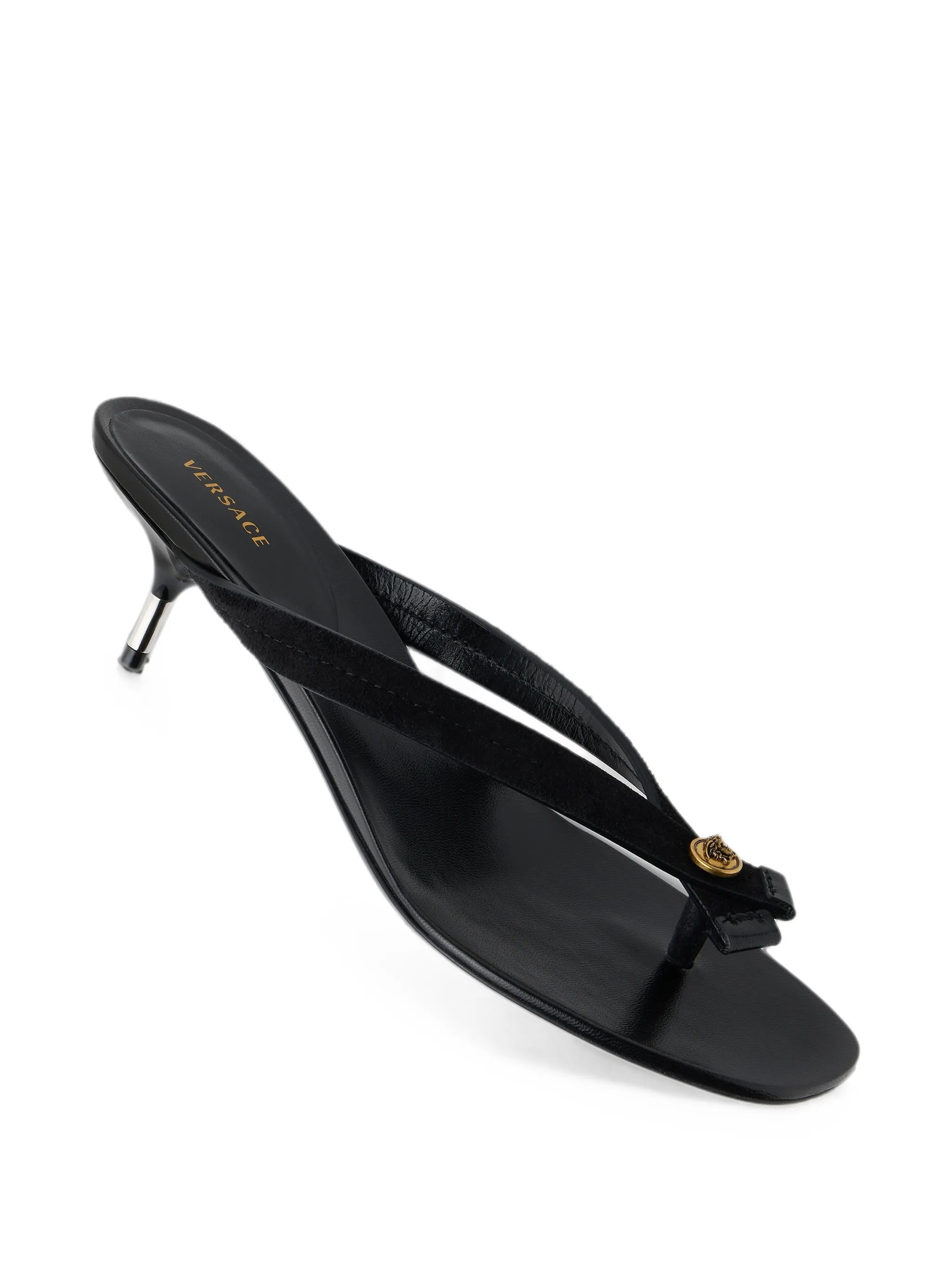 Medusa-plaque kitten-heel mules