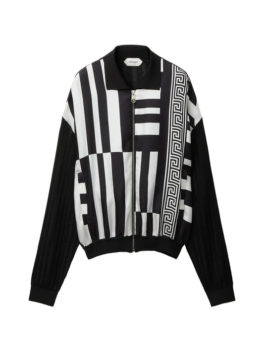 printed silk inserts knit zip cardigan