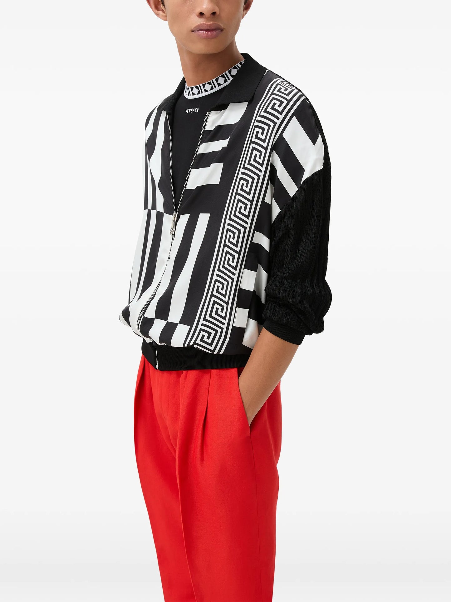 printed silk inserts knit zip cardigan