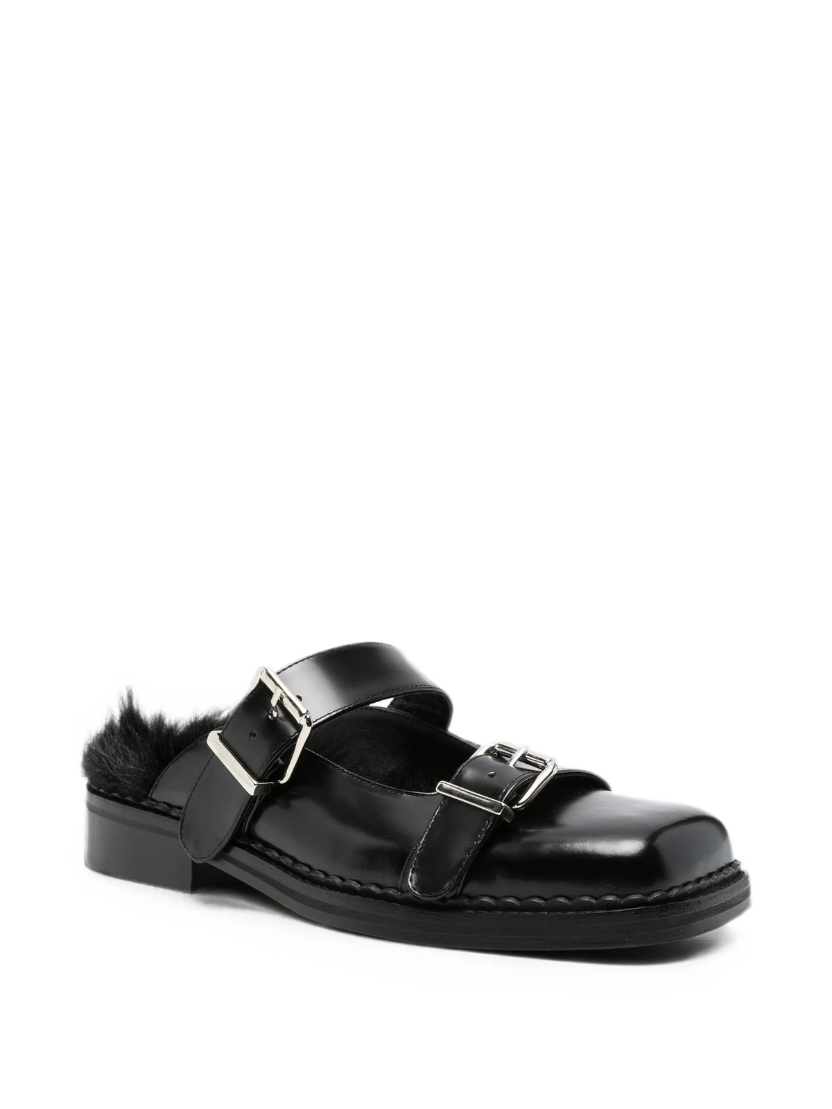 faux-fur buckle mules