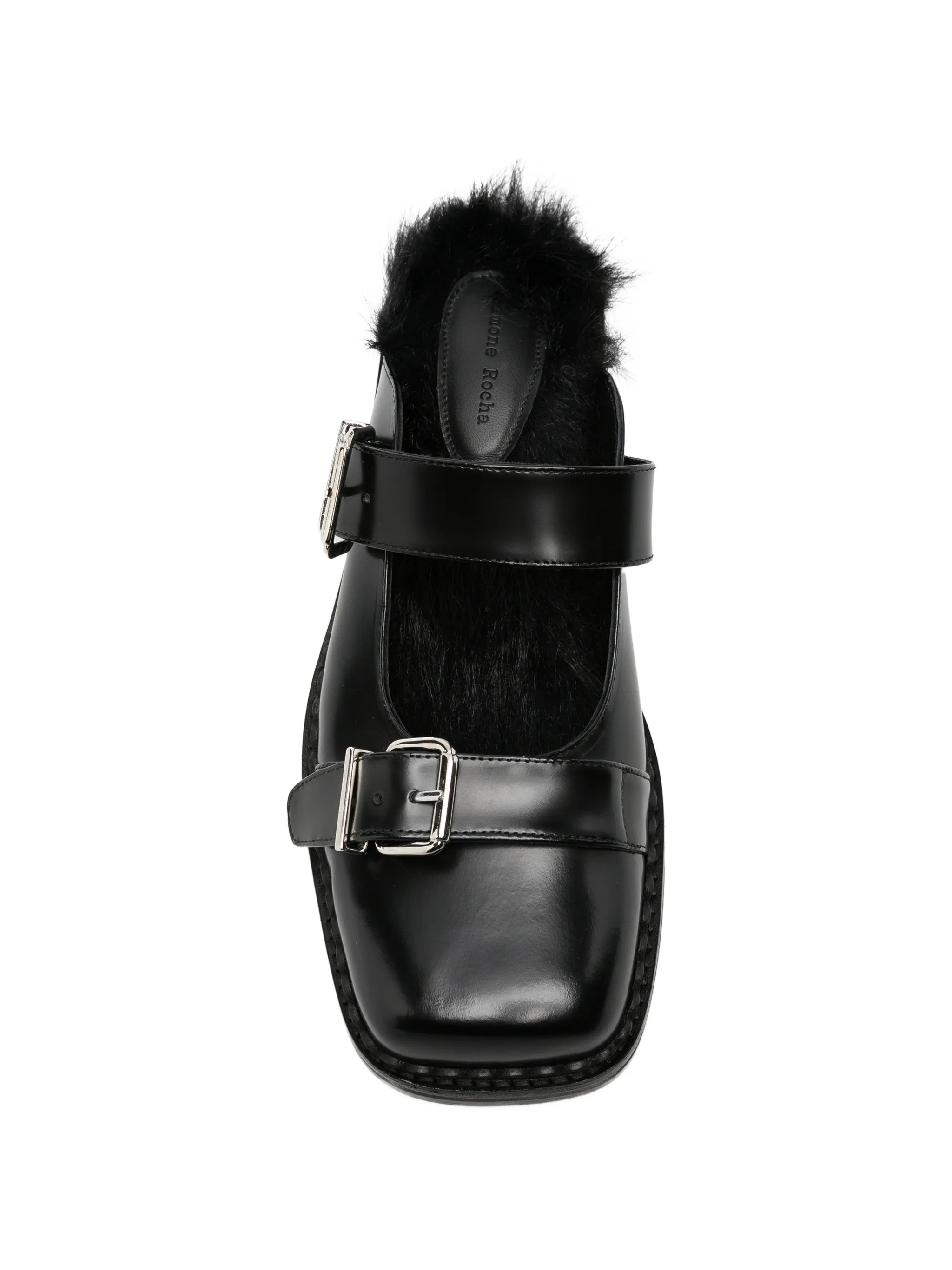 faux-fur buckle mules