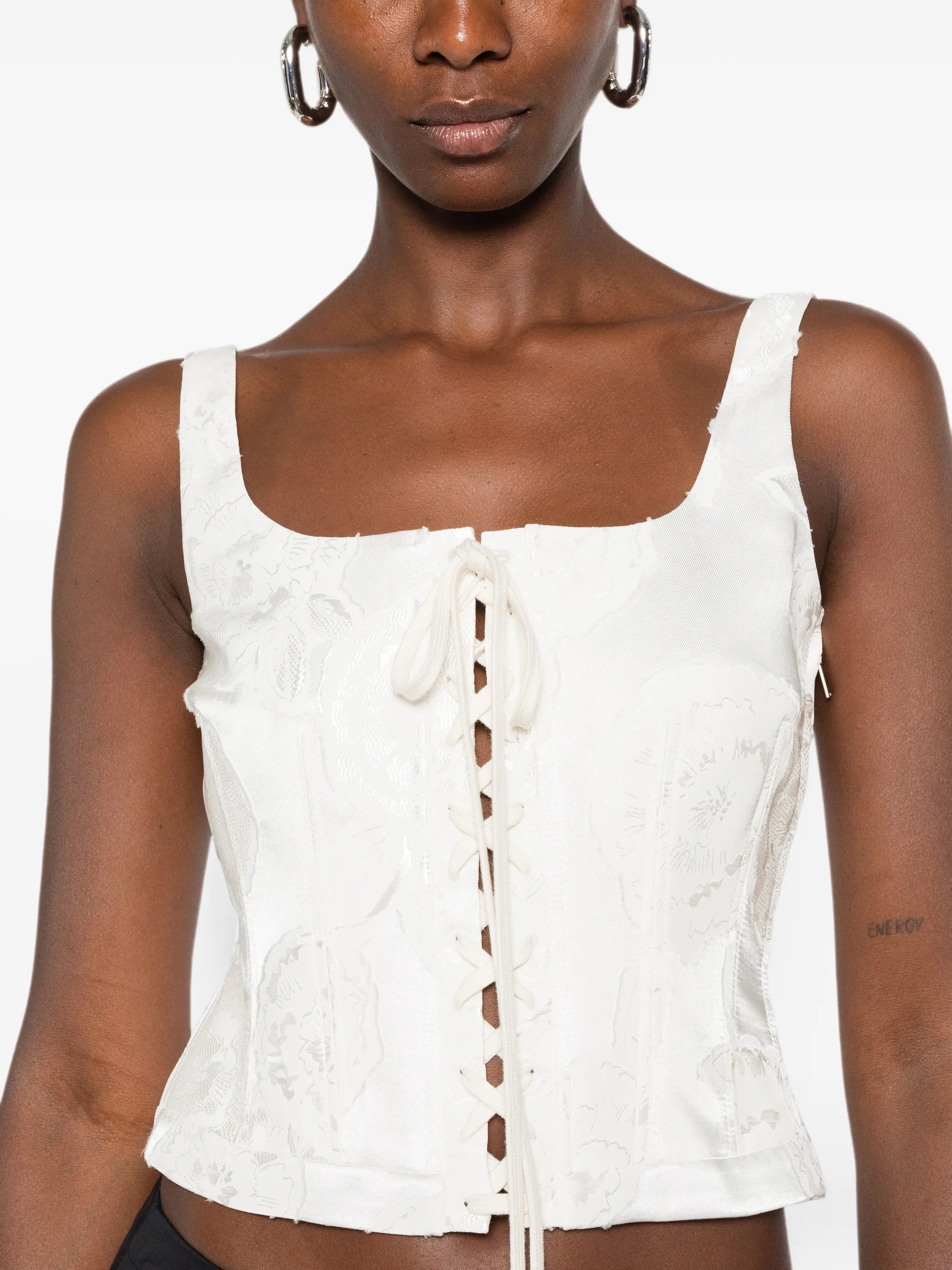 lace-up floral-jacquard top