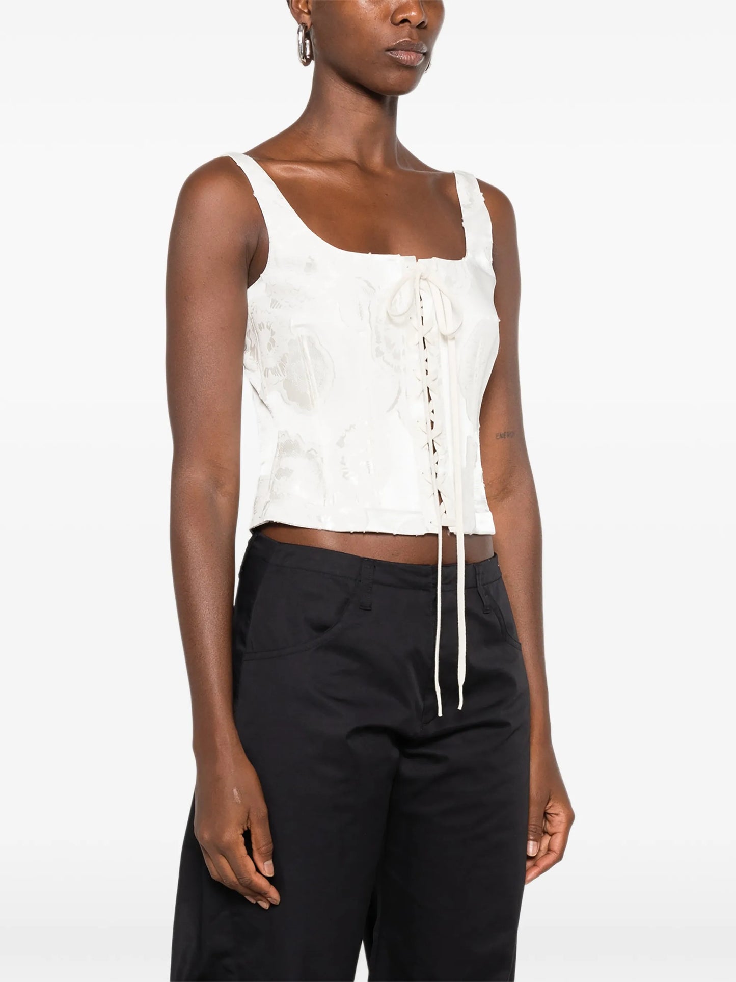 lace-up floral-jacquard top