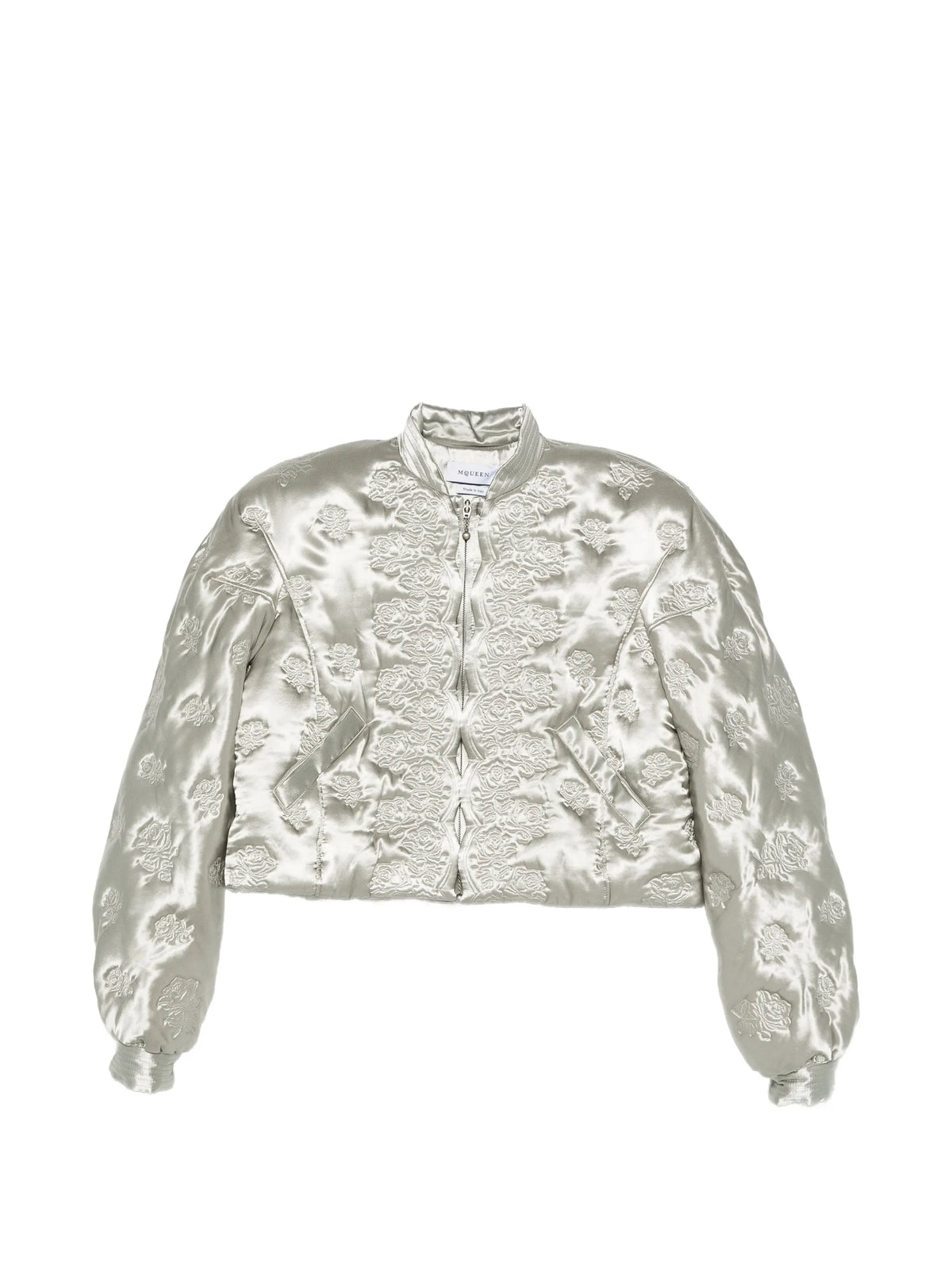 rose quilted cropped bomber jacket in grey