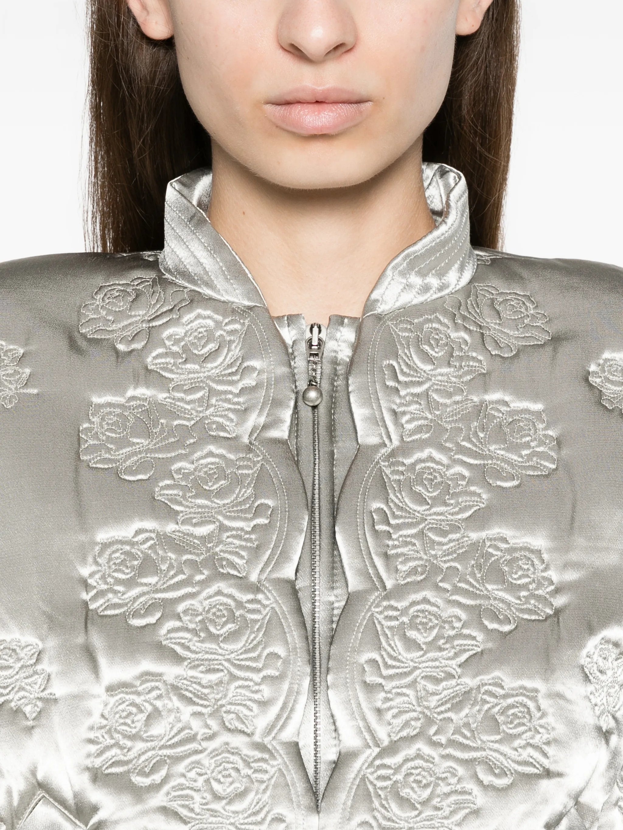 rose quilted cropped bomber jacket in grey