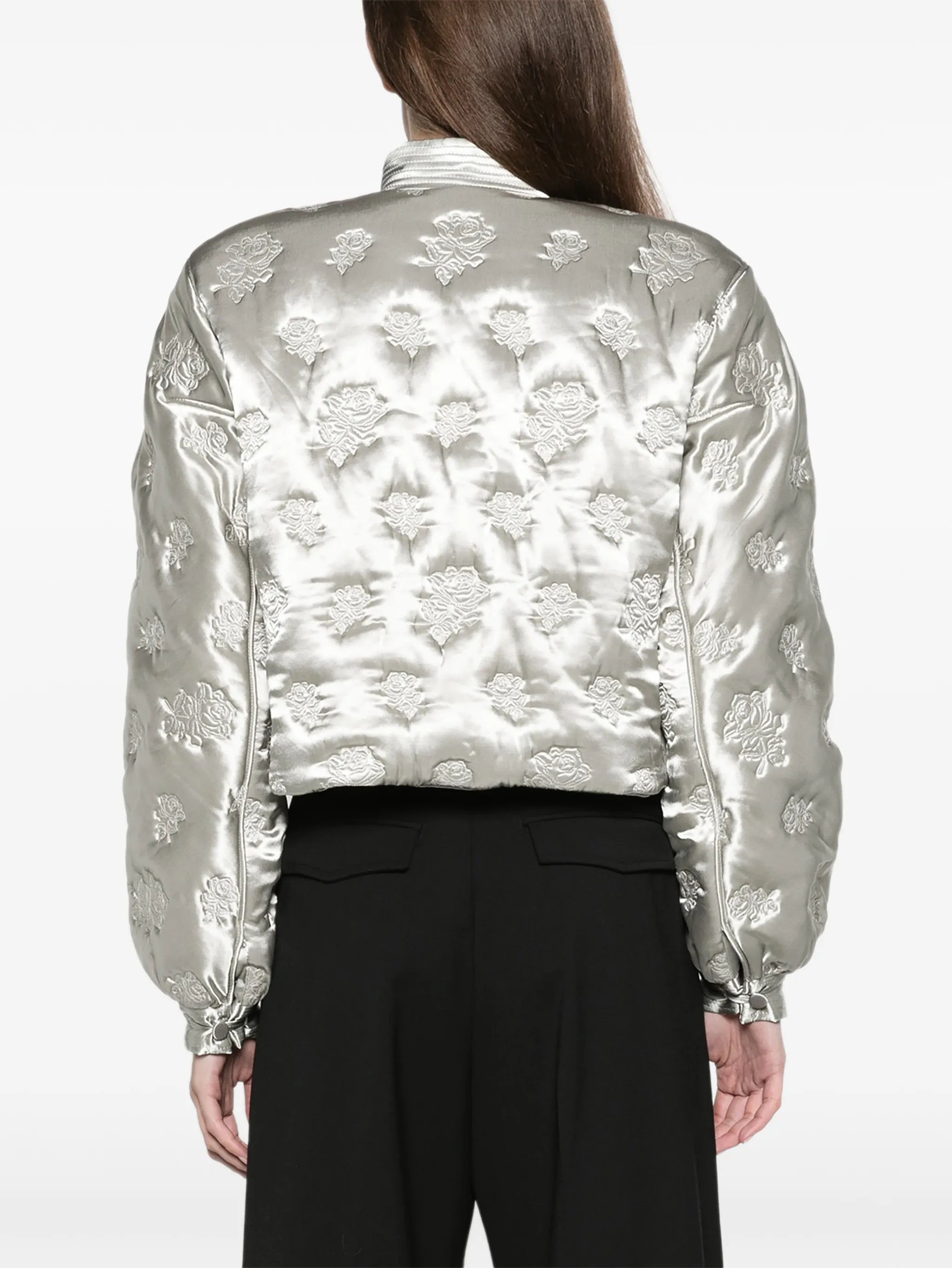 rose quilted cropped bomber jacket in grey