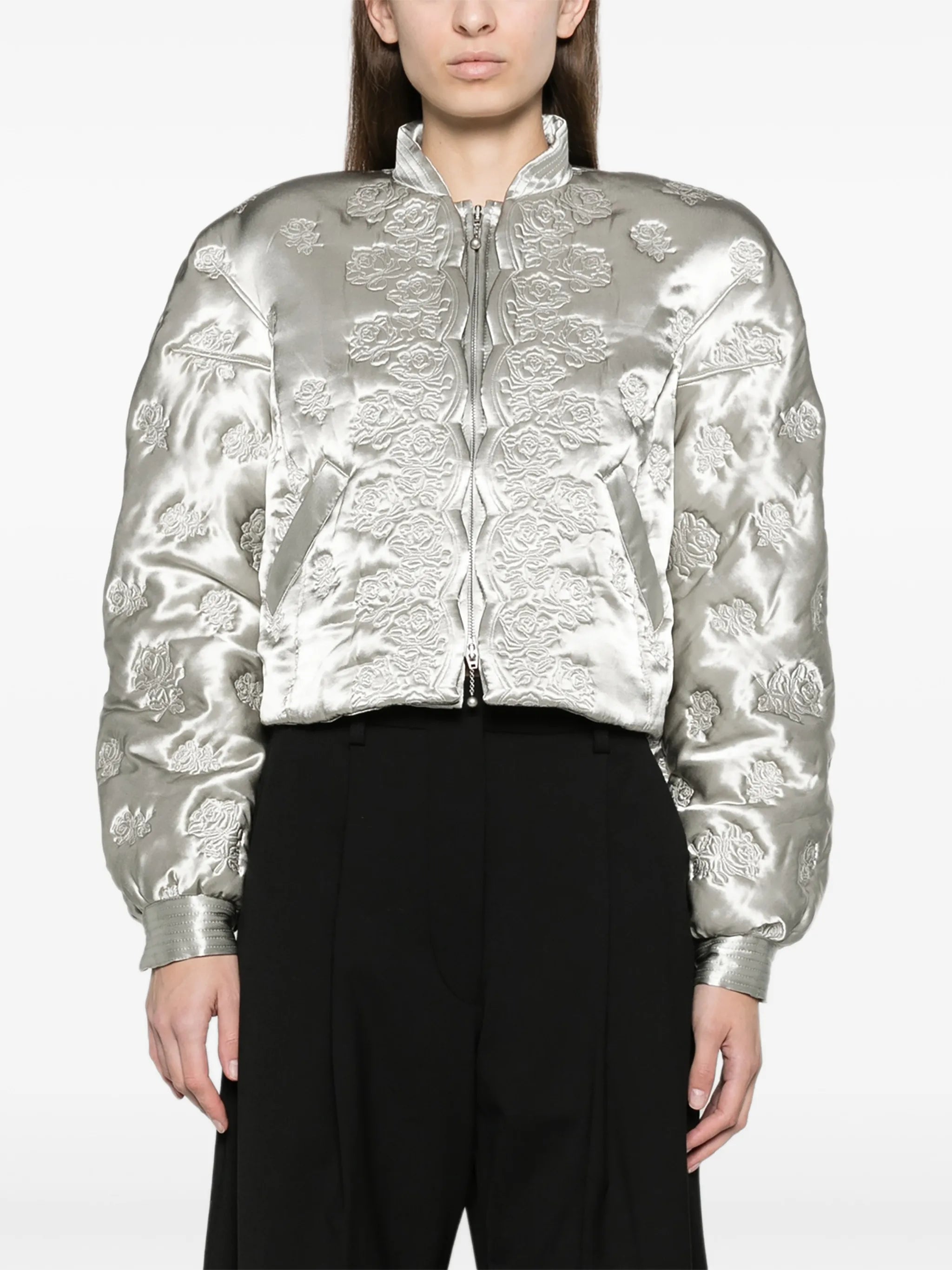 rose quilted cropped bomber jacket in grey