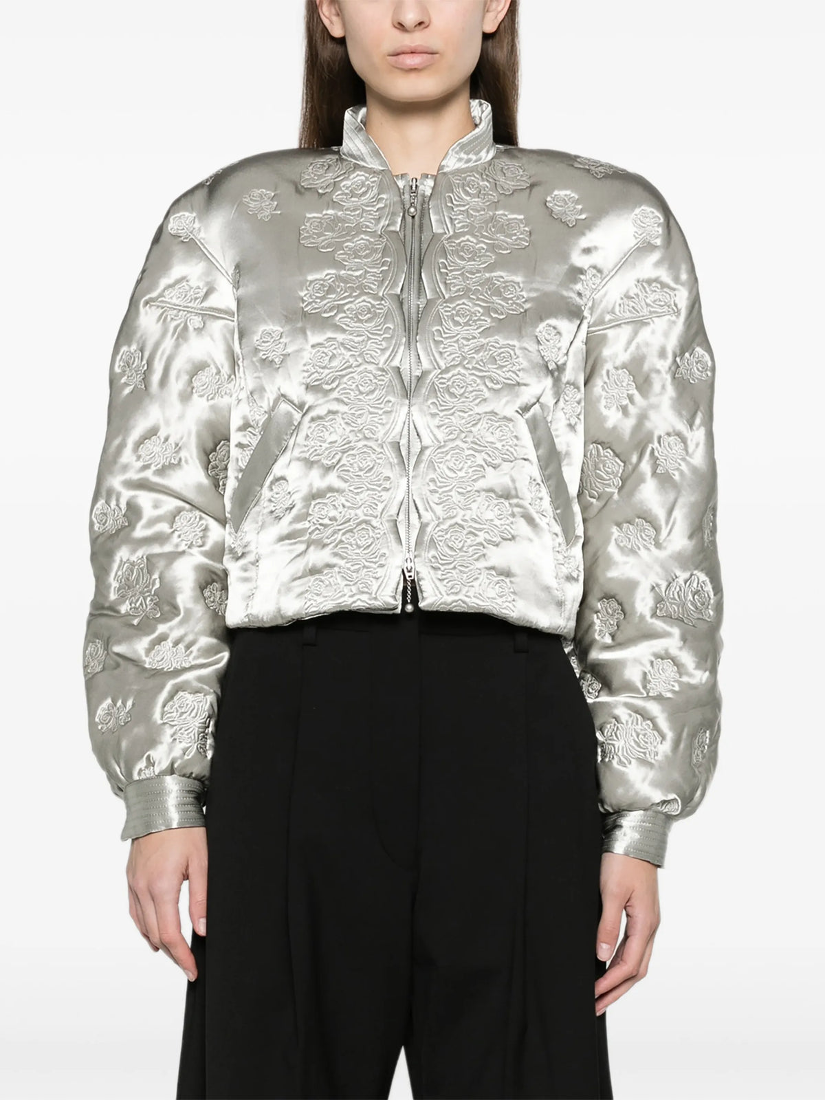rose quilted cropped bomber jacket in grey