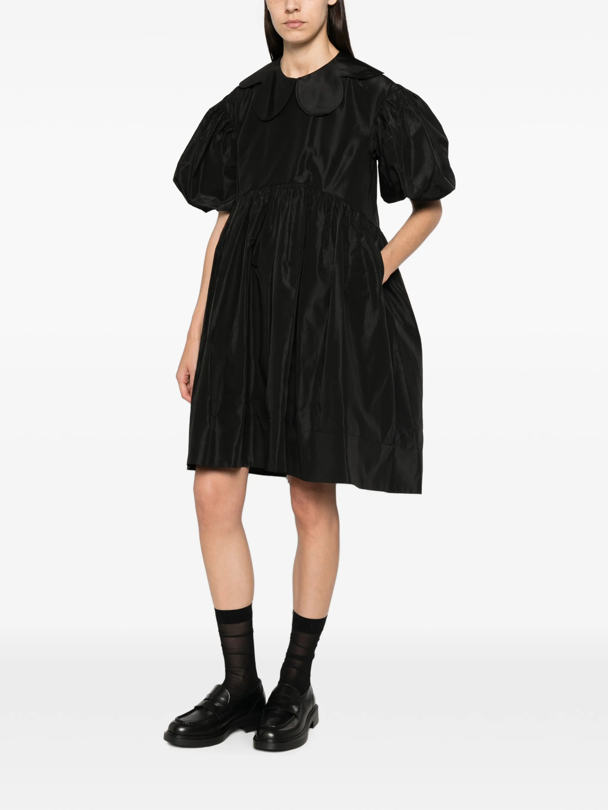 puff-sleeve petal-collar dress