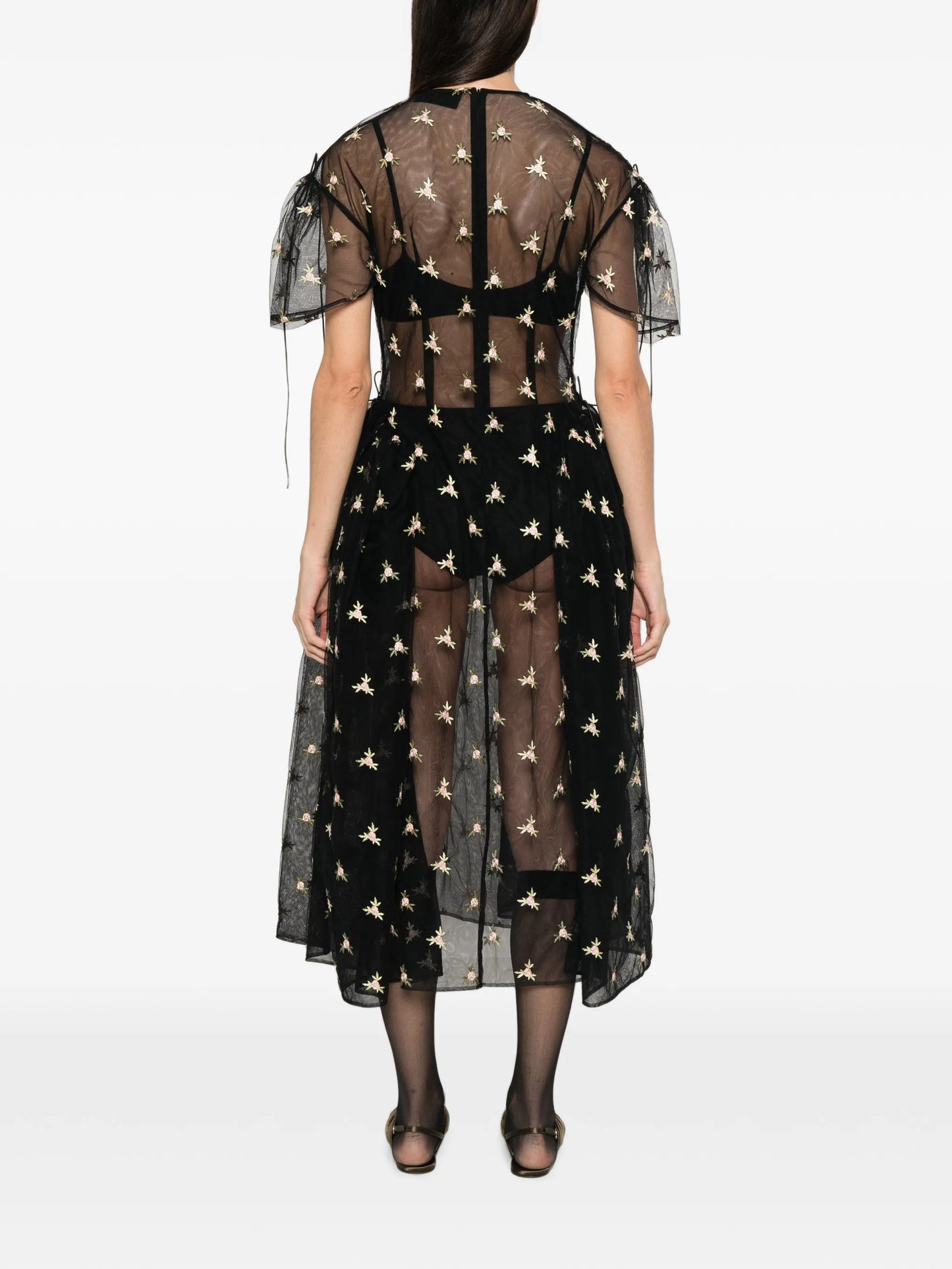 floral-embroidered puff-sleeve dress