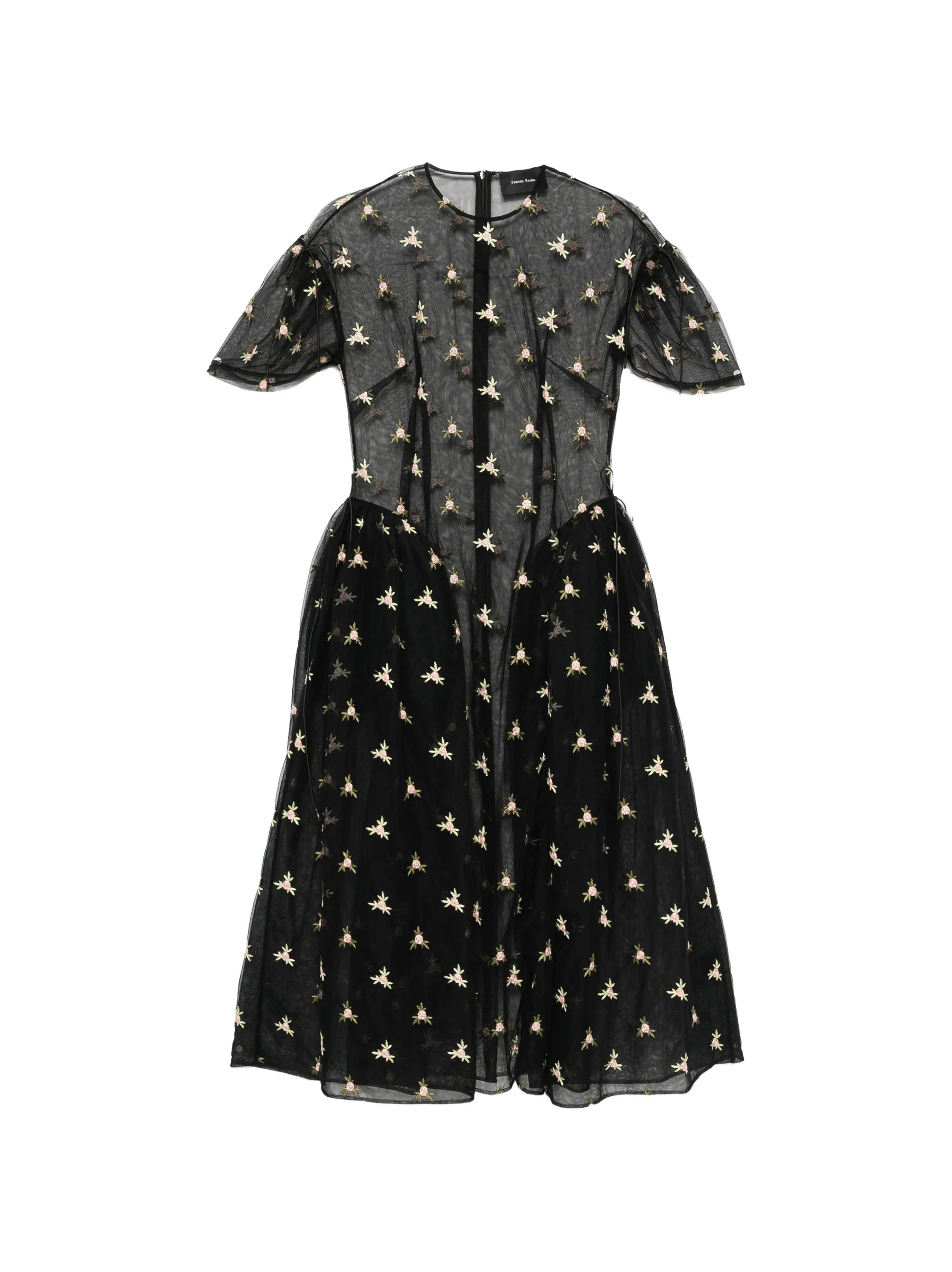 floral-embroidered puff-sleeve dress