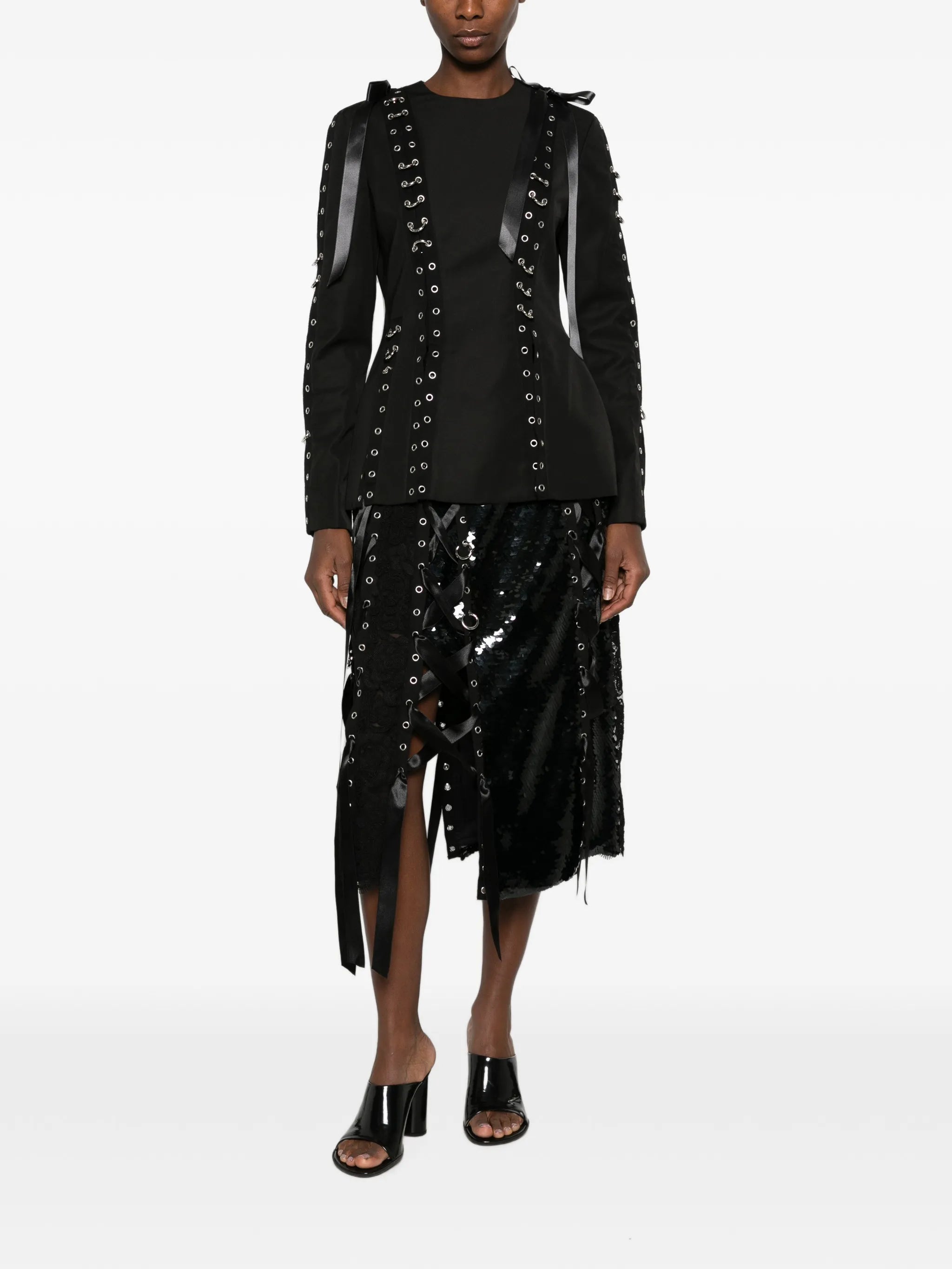 sequin-embellished lace-patchwork midi skirt