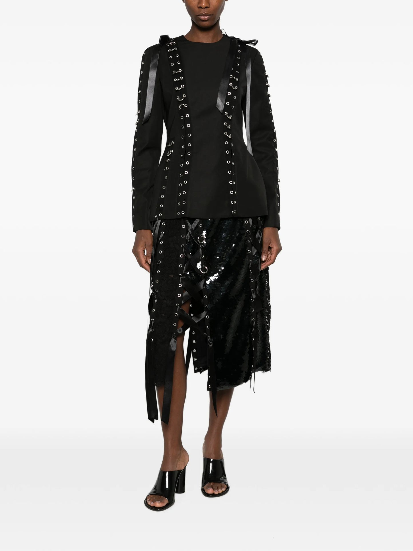 sequin-embellished lace-patchwork midi skirt