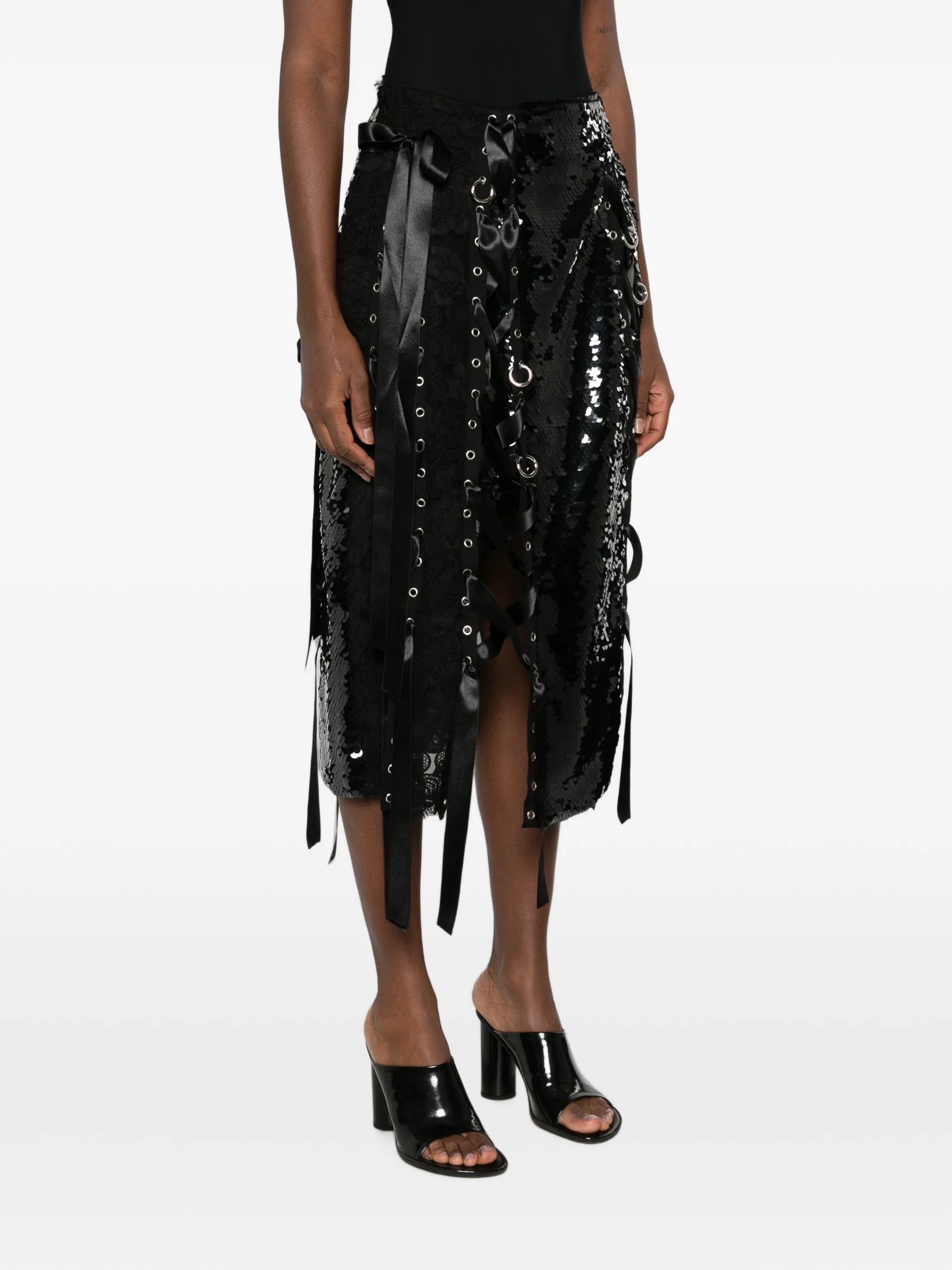 sequin-embellished lace-patchwork midi skirt