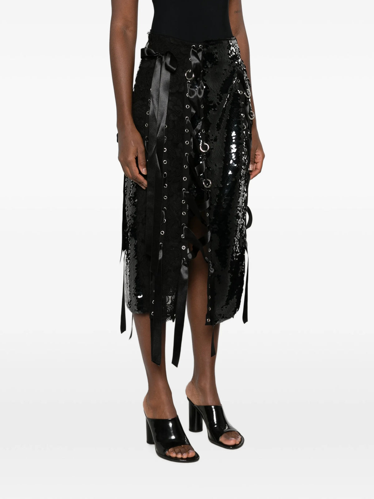 sequin-embellished lace-patchwork midi skirt