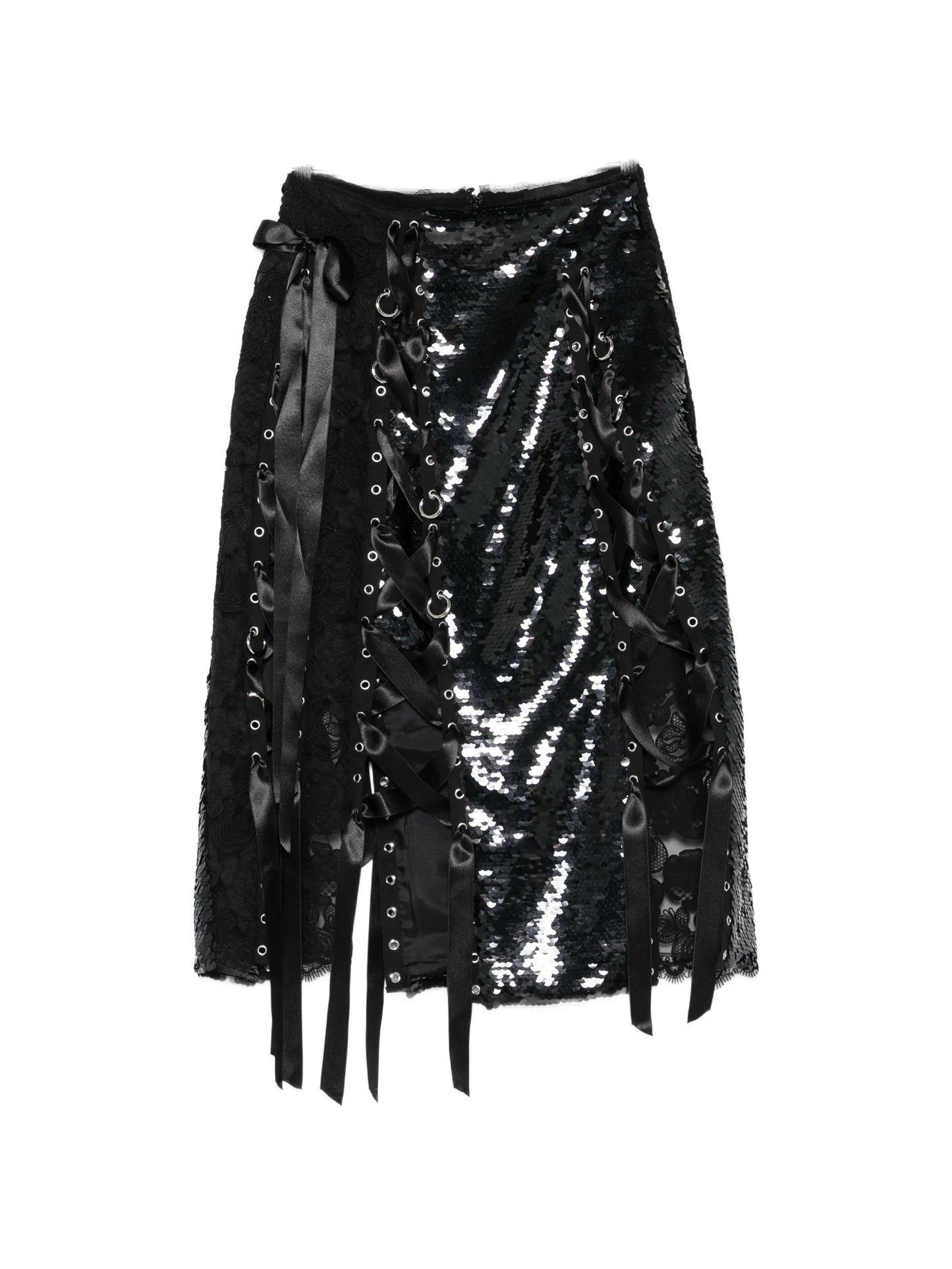 sequin-embellished lace-patchwork midi skirt