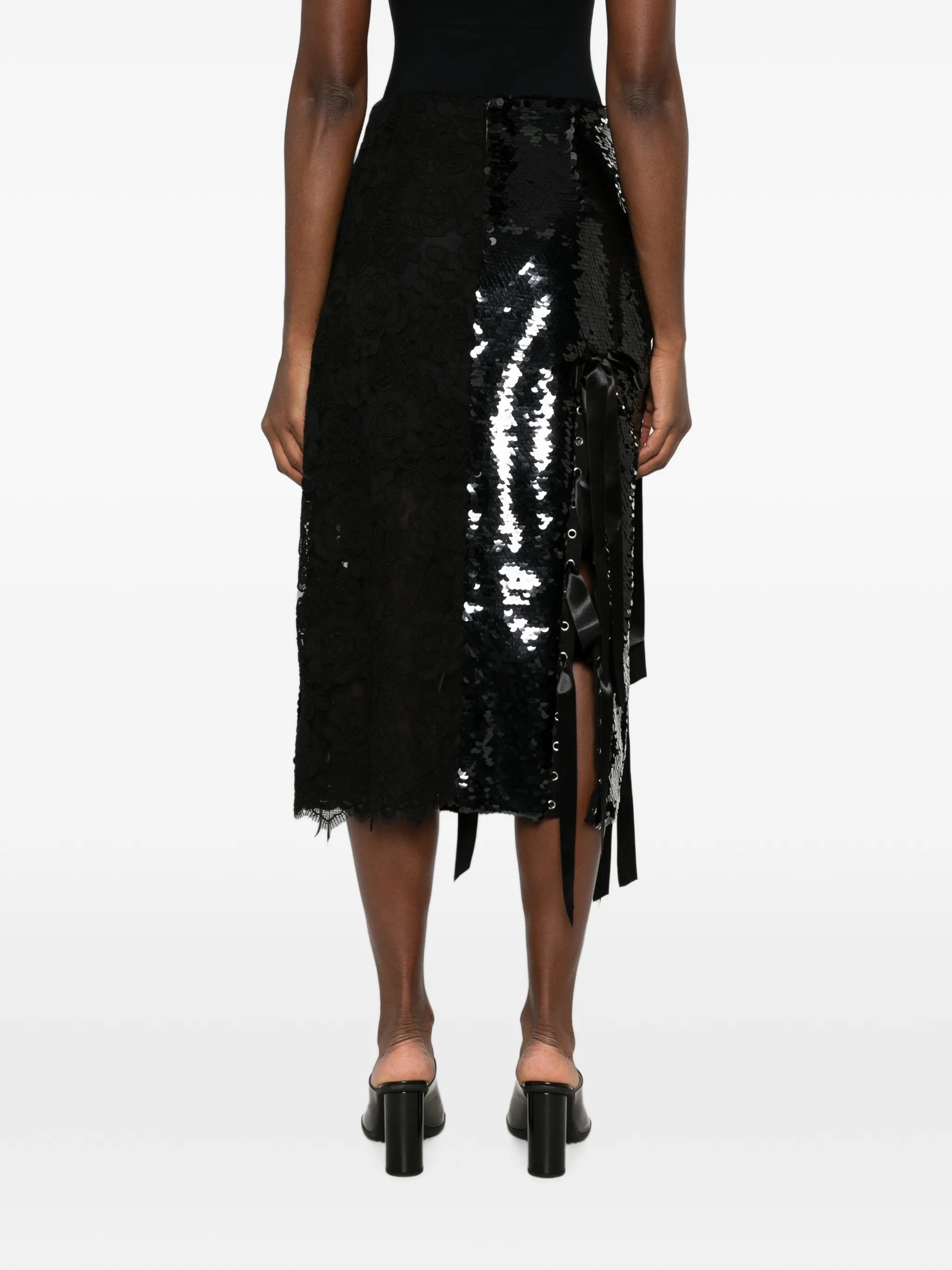 sequin-embellished lace-patchwork midi skirt