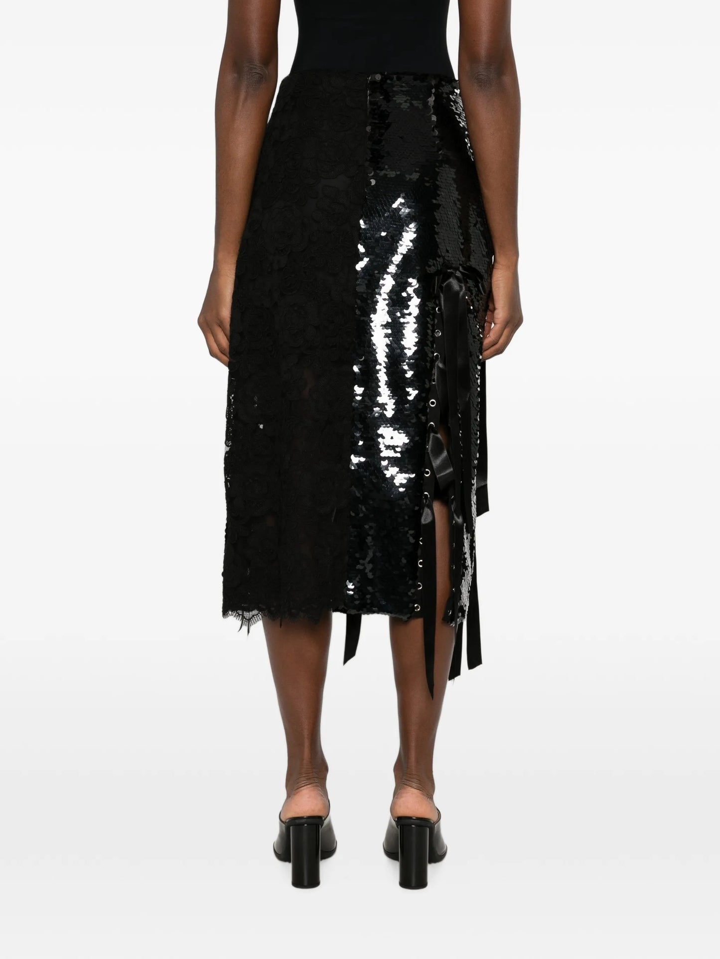 sequin-embellished lace-patchwork midi skirt
