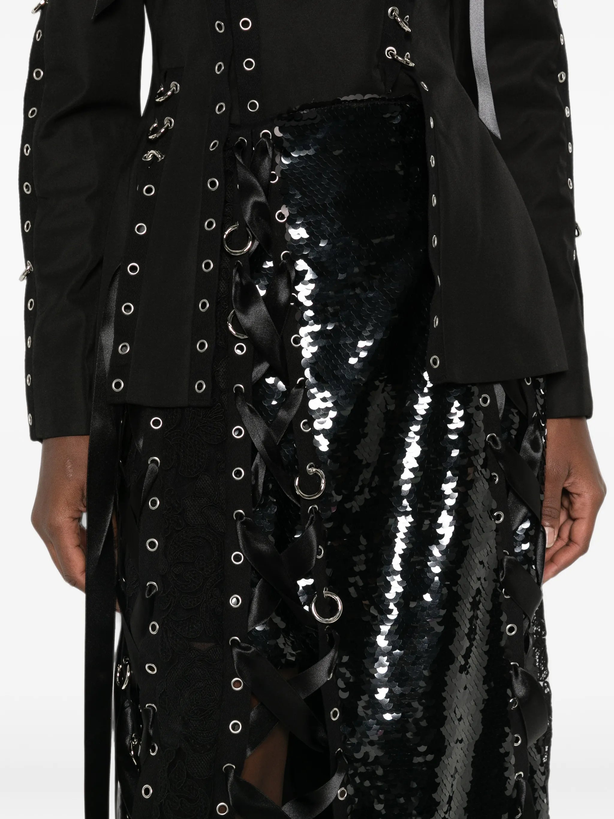 sequin-embellished lace-patchwork midi skirt