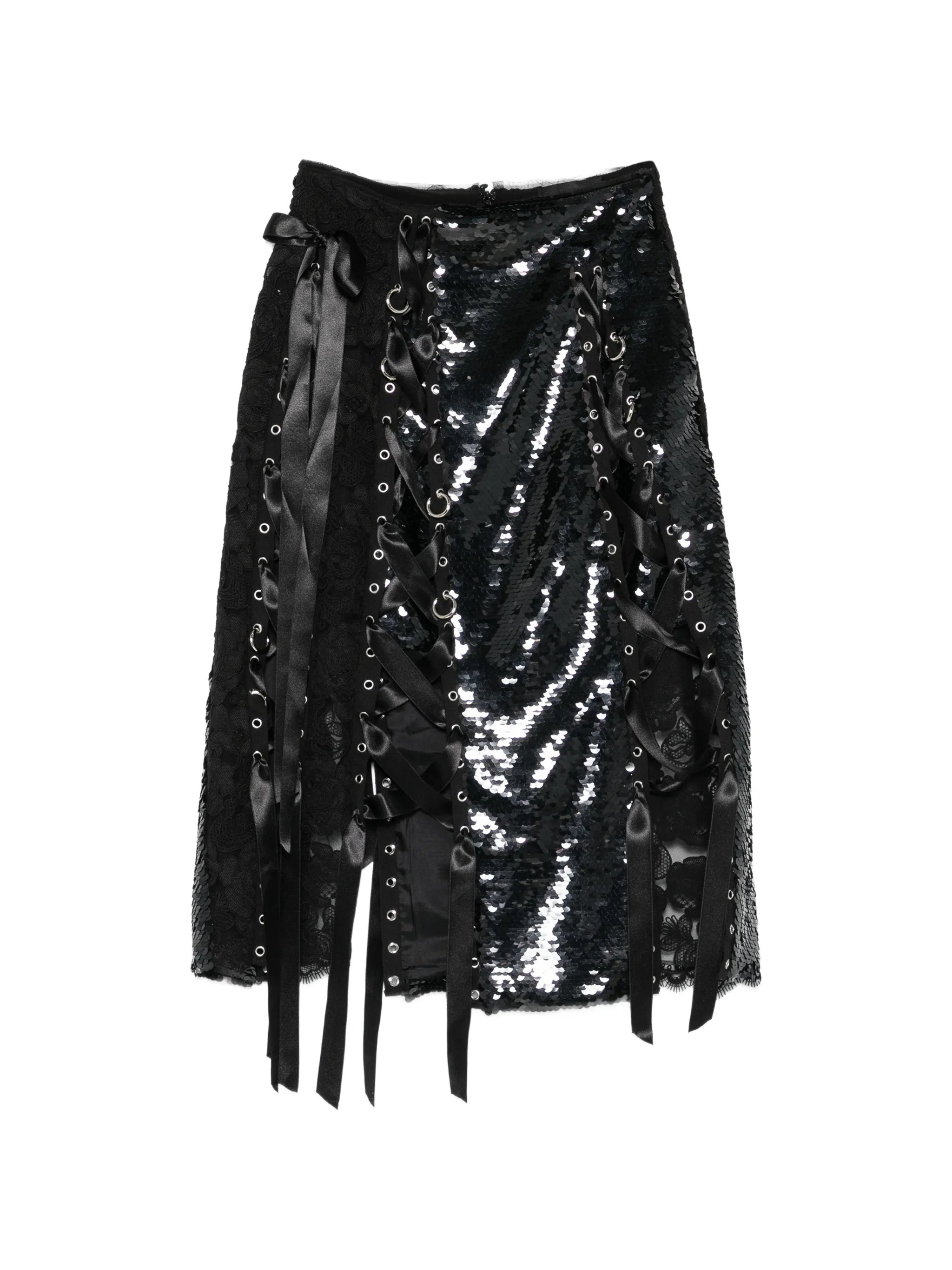 sequin-embellished lace-patchwork midi skirt