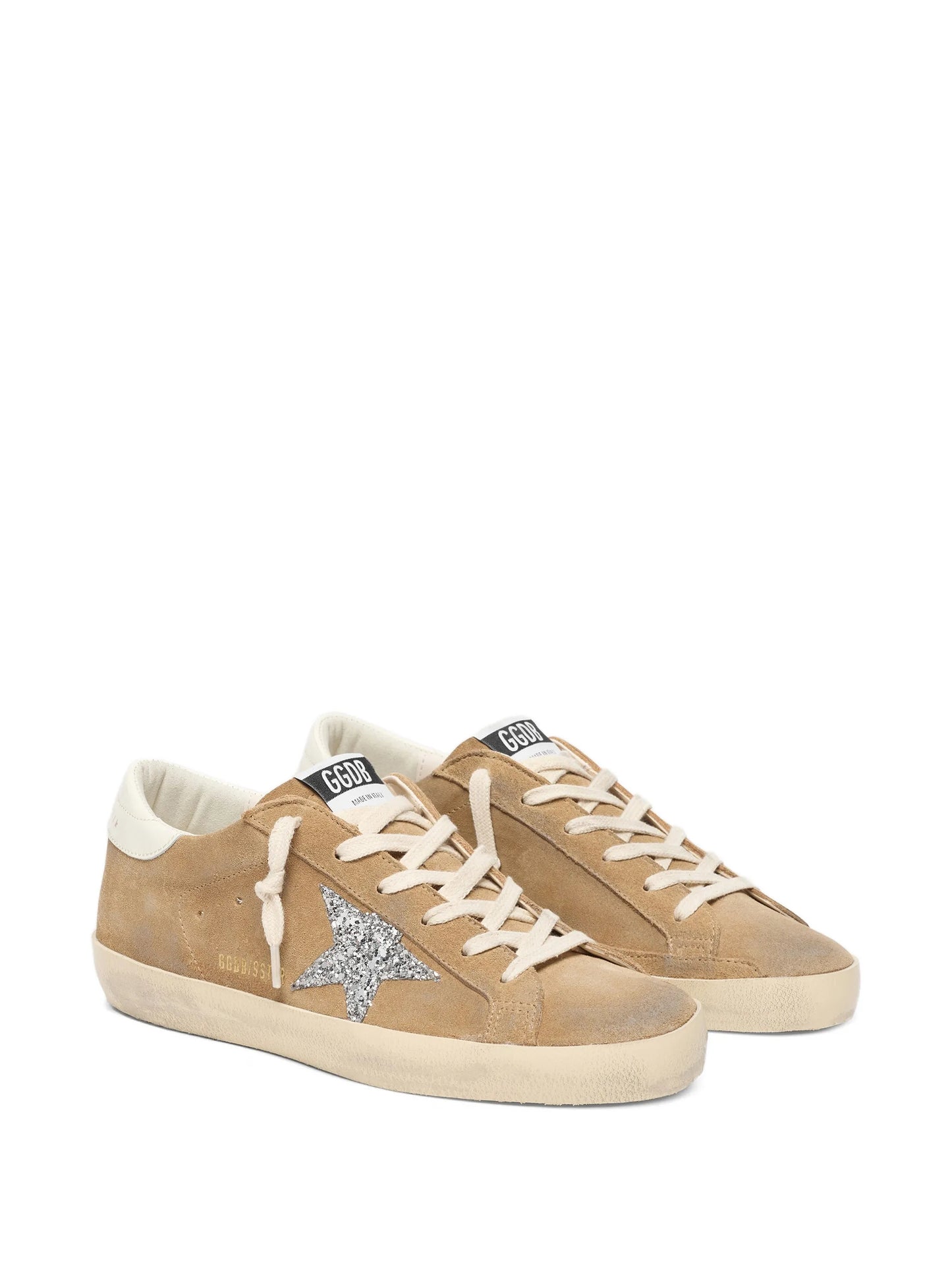Super-Star in tobacco suede with silver glitter star sneakers