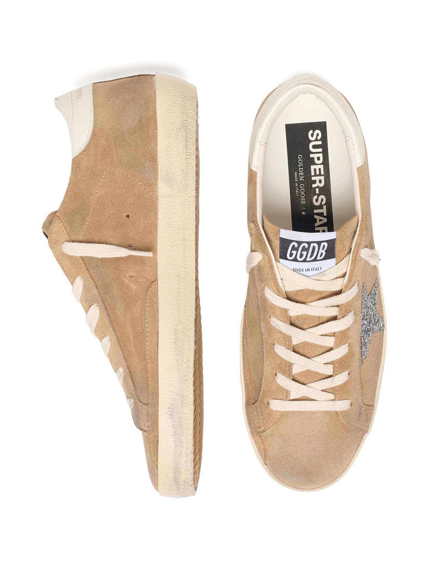 Super-Star in tobacco suede with silver glitter star sneakers